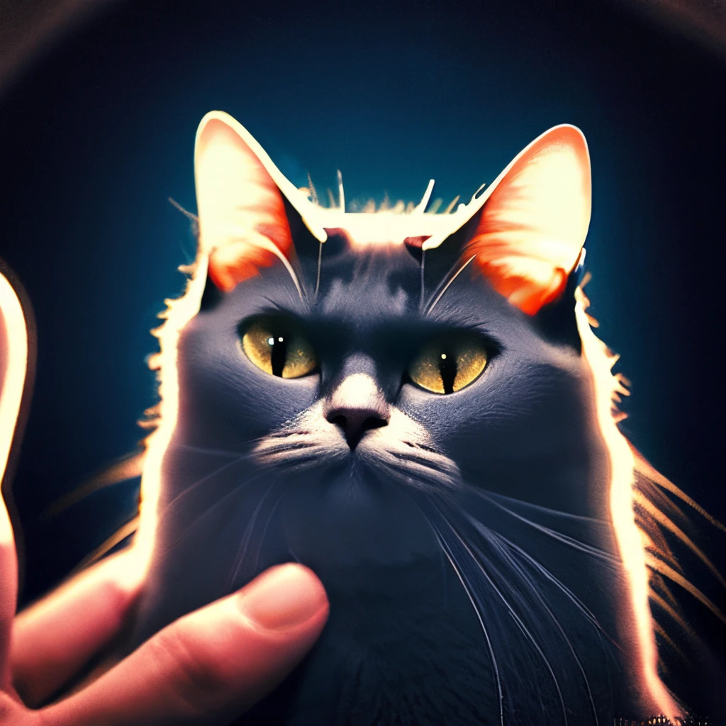 Galactic cat with a lot of hair on its head, 3rd eye, stare at something far away, Intricate details,  Electric, Fantasy Art, anato finnstark, emulsion coating, Highly detailed, Fuzzy Rutkowski, nffsw, ultra - detailed, Rim Lights, Faded, Dim，backguru...