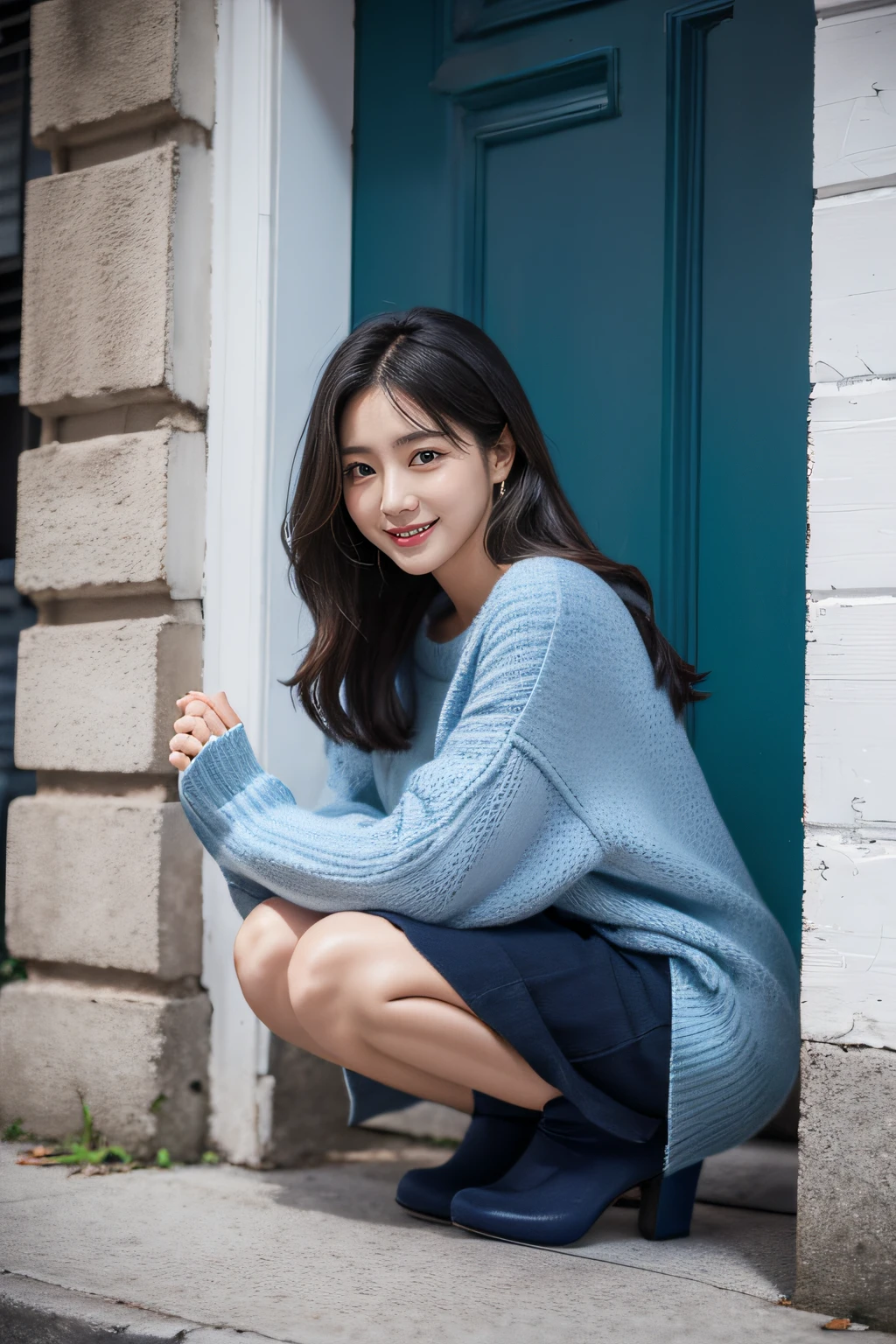 Cute smile,Arafed woman wearing pink shirt and green skirt squatting, a portrait by Juan O'Gorman, Tumbler, Digital Art, Blue sweater, Dark blue, 2 female model, edited, stunn, in a navy blue sweater, Blue clothes, beautiful image, rendered, blue clothing, Blue, Dark blue clothes, Purple, wearing an oversized sweater,Shoulder out,A sexy,Black heels,Colossal tits