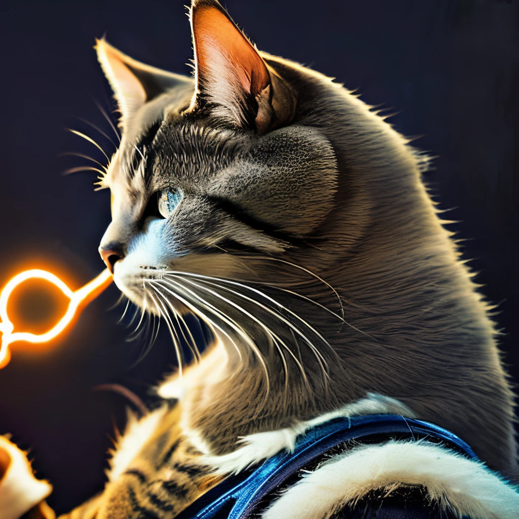 Galactic cat with a lot of hair on its head, 3rd eye, stare at something far away, Intricate details, Electric, Fantasy Art, anato finnstark, emulsion coating, Highly detailed, Fuzzy Rutkowski, nffsw, ultra - detailed, Rim Lights, Faded, Dim,backguru...