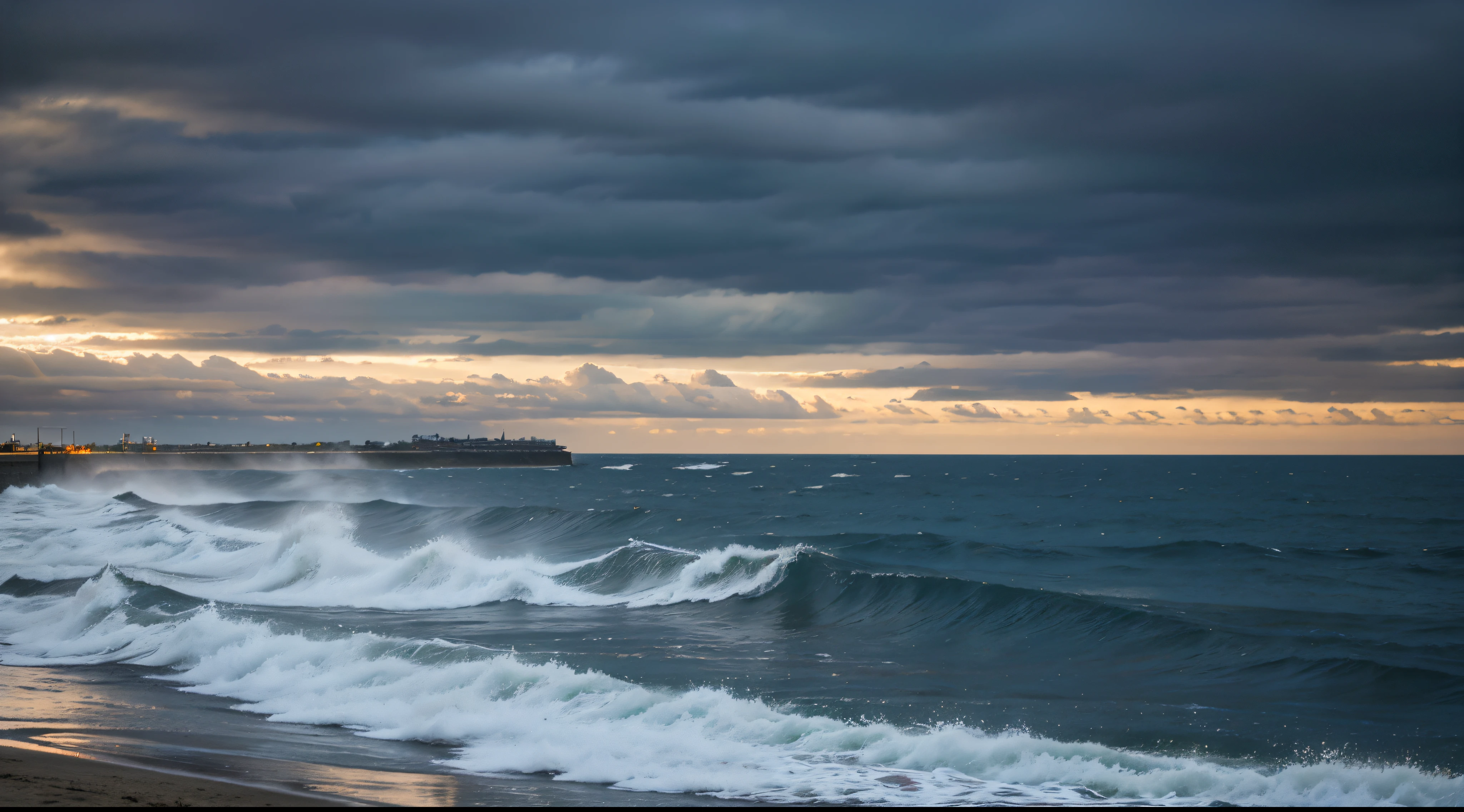 masterpiece、top-quality、Movie stillare Southern Winterackground with cloudiness eveninurky Calm sea breakwater 云 Ephemeral By the sea greys
