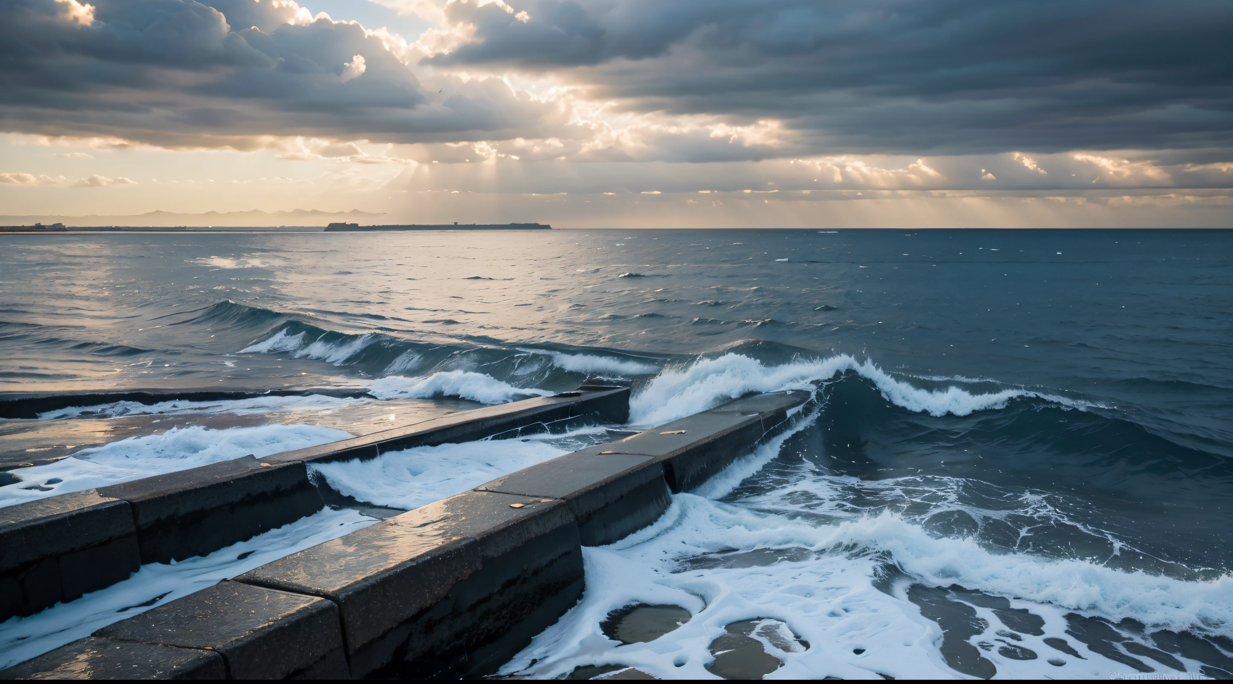 masterpiece、top-quality、Movie stillare Southern Winterackground with cloudiness eveninurky Calm sea breakwater 云 Ephemeral By the sea greys