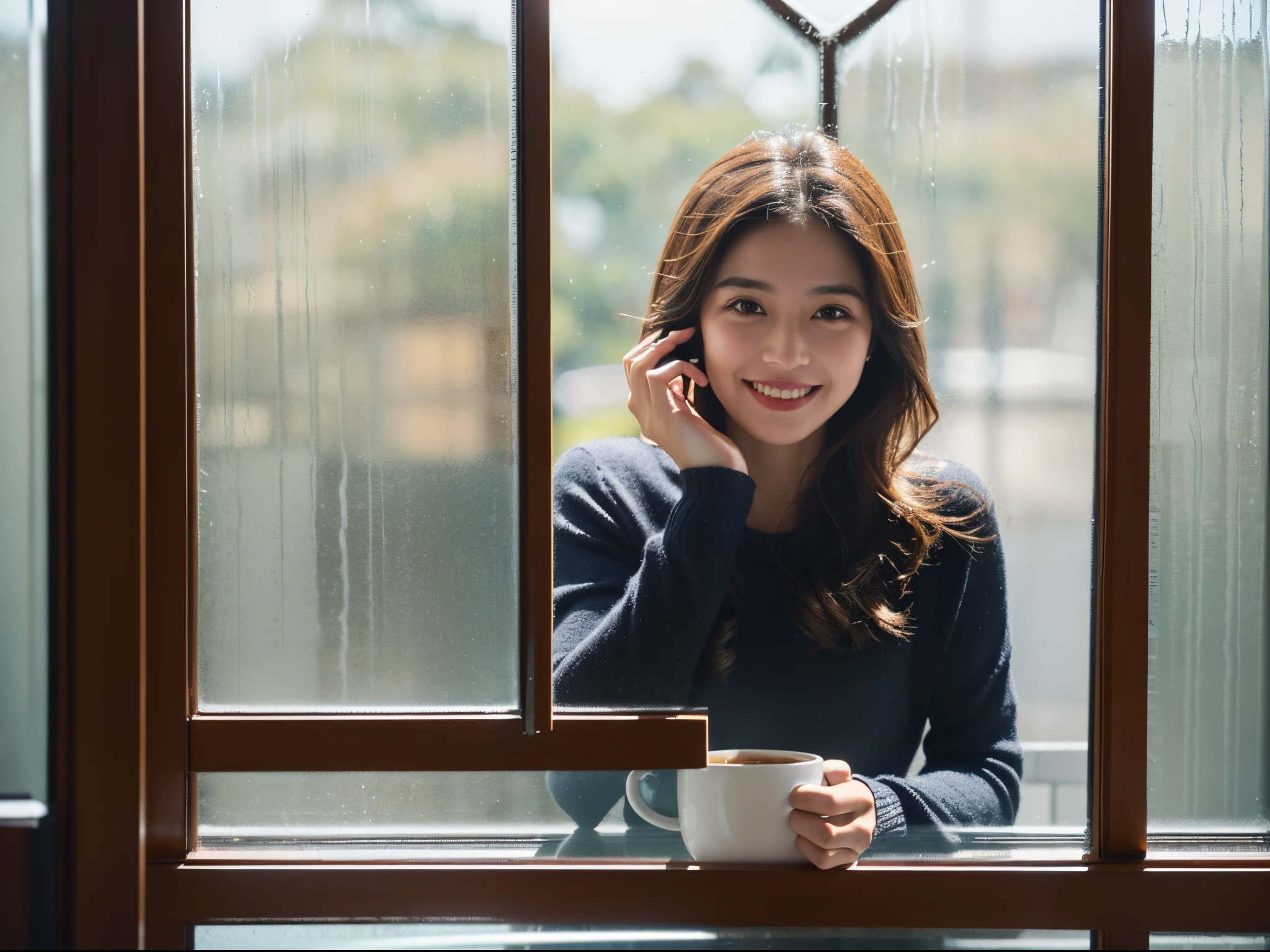 1girl, a woman sitting by the window of a coffee shop drinking coffee, little smile, happy, a picture of the inside outside the window, (shot on out of the window:1.5), (face that visible through the glass:1.5)