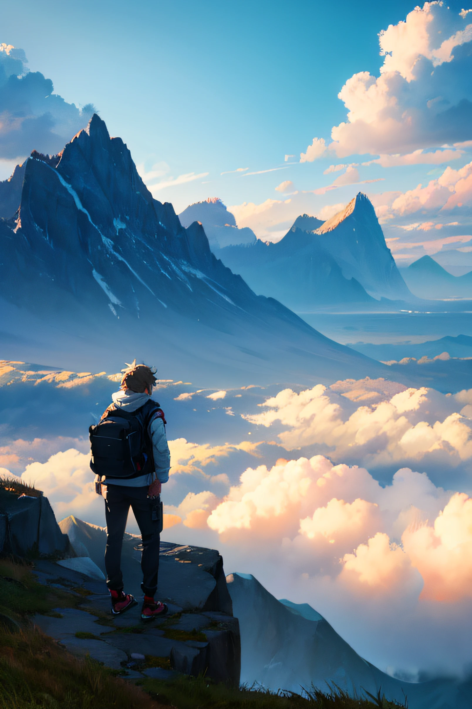 Anime background, mountain, protrusion, Clouds, A lot of clouds