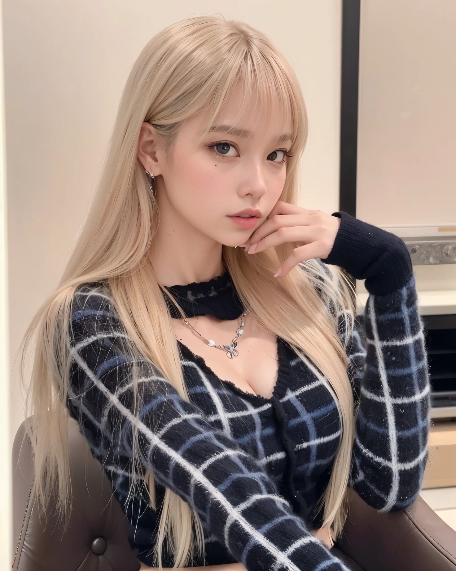 um close de uma mulher sentada em uma cadeira com um colar, Lalisa Manobal, Lalisa Manoban do Blackpink, Parque Roseanne do Blackpink, cabelo comprido com franja completa, longos cabelos brancos e franja, cabelos longos com franja, com franja completa, com franja, Retrato de Jossi de Blackpink, linda Delphine, jossi do blackpink