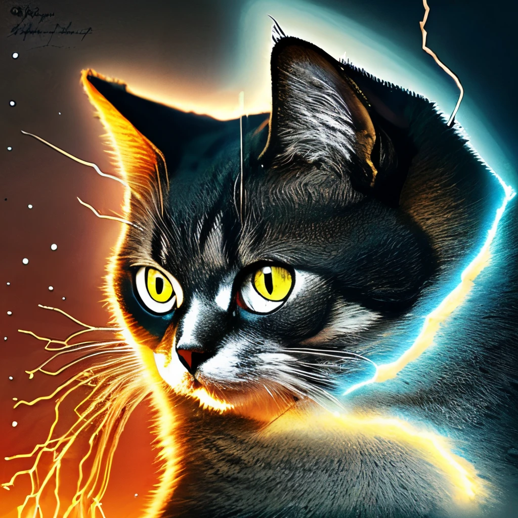 Galactic cat with a lot of hair on its head, 3rd eye, stare at something far away, Intricate details,  Electric, Fantasy Art, anato finnstark, emulsion coating, Highly detailed, Fuzzy Rutkowski, nffsw, ultra - detailed, Rim Lights, Faded, Dim，backguru...