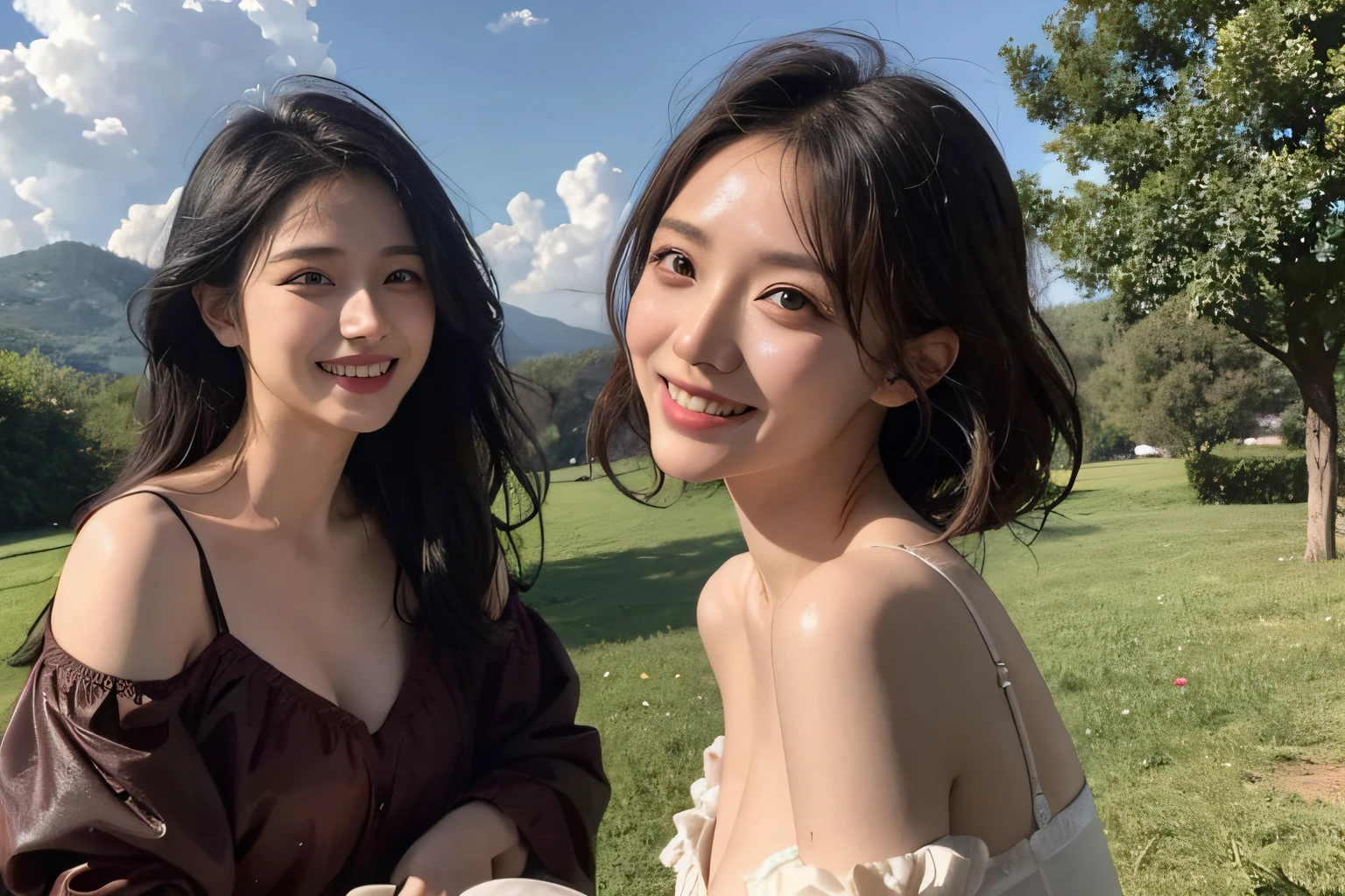 Poussin-style landscape,A smile,,Sweet and seductive appearance.、Caravaggio's paintings、Chiaroscuro of Caravaggio、Hair disheveled in the wind,Two women frolicking,Cute smile, Expression of ecstasy,A sexy,erotick,Wet udder,Underwear bite