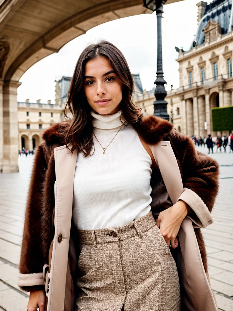 realistic girl, brunette, gorgeous, perfect body, long tan fur jacket, brown turtleneck, street, Paris, Louvre in the back