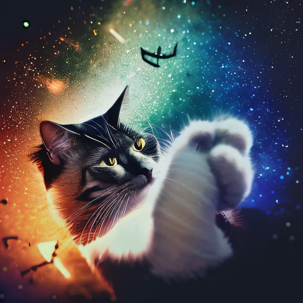 Galactic cat with a lot of hair on its head, 3rd eye, stare at something far away, Intricate details,  Electric, Fantasy Art, anato finnstark, emulsion coating, Highly detailed, Fuzzy Rutkowski, nffsw, ultra - detailed, Rim Lights, Faded, Dim，backguru...