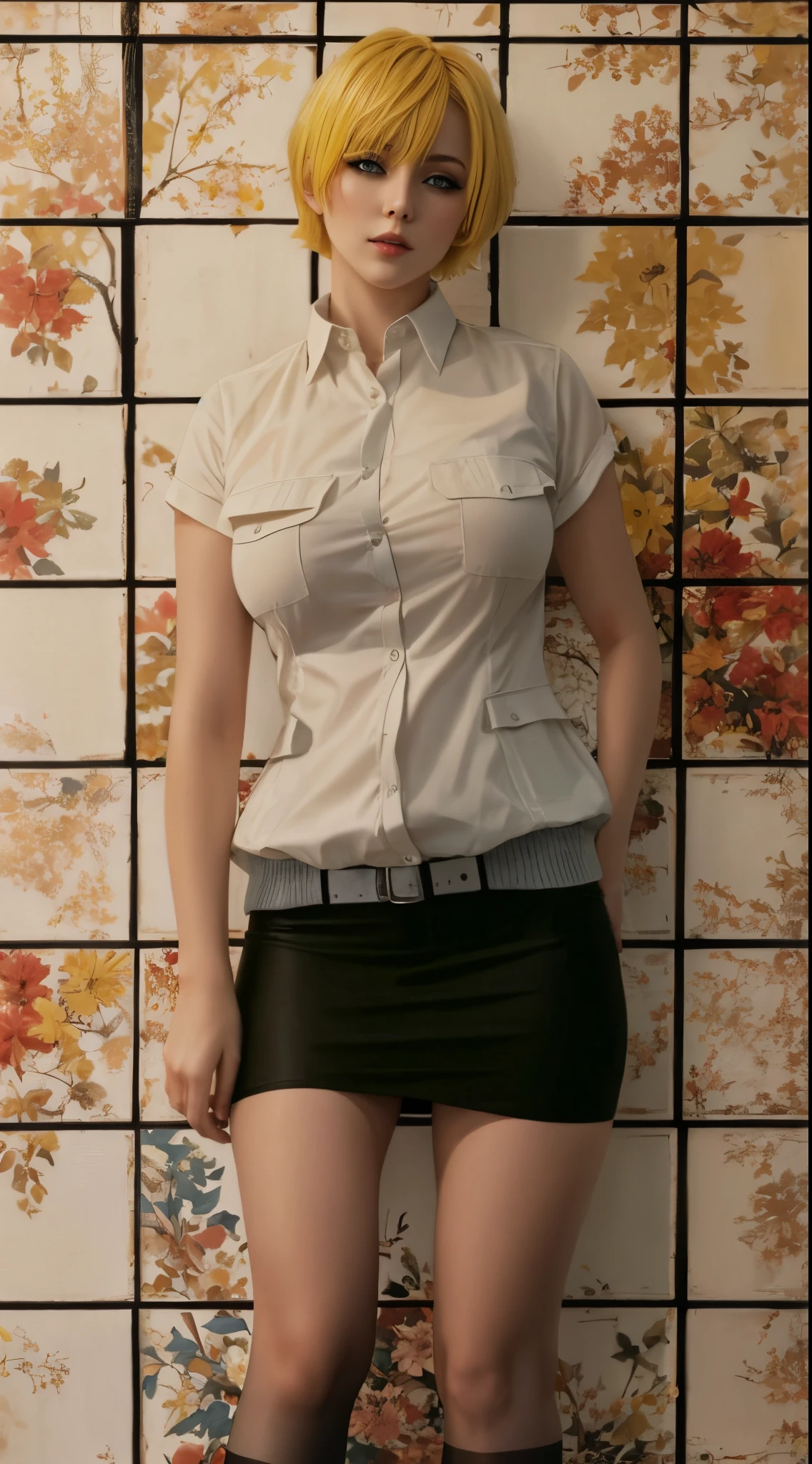 Yellow hair, Short Hair Hair, large boobs , Blue Eyes , huge thighs , high-res ,Wear black stockings. ,