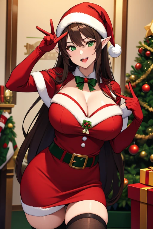 highest quality,wonderful,finely,extremely detailed CG Unity 8K wallpaper, (1 girl, Black Hair,Twin tails, clothed),(huge breasts:1.1),(santa bikini:1.3), (zettai ryouiki:1.4)