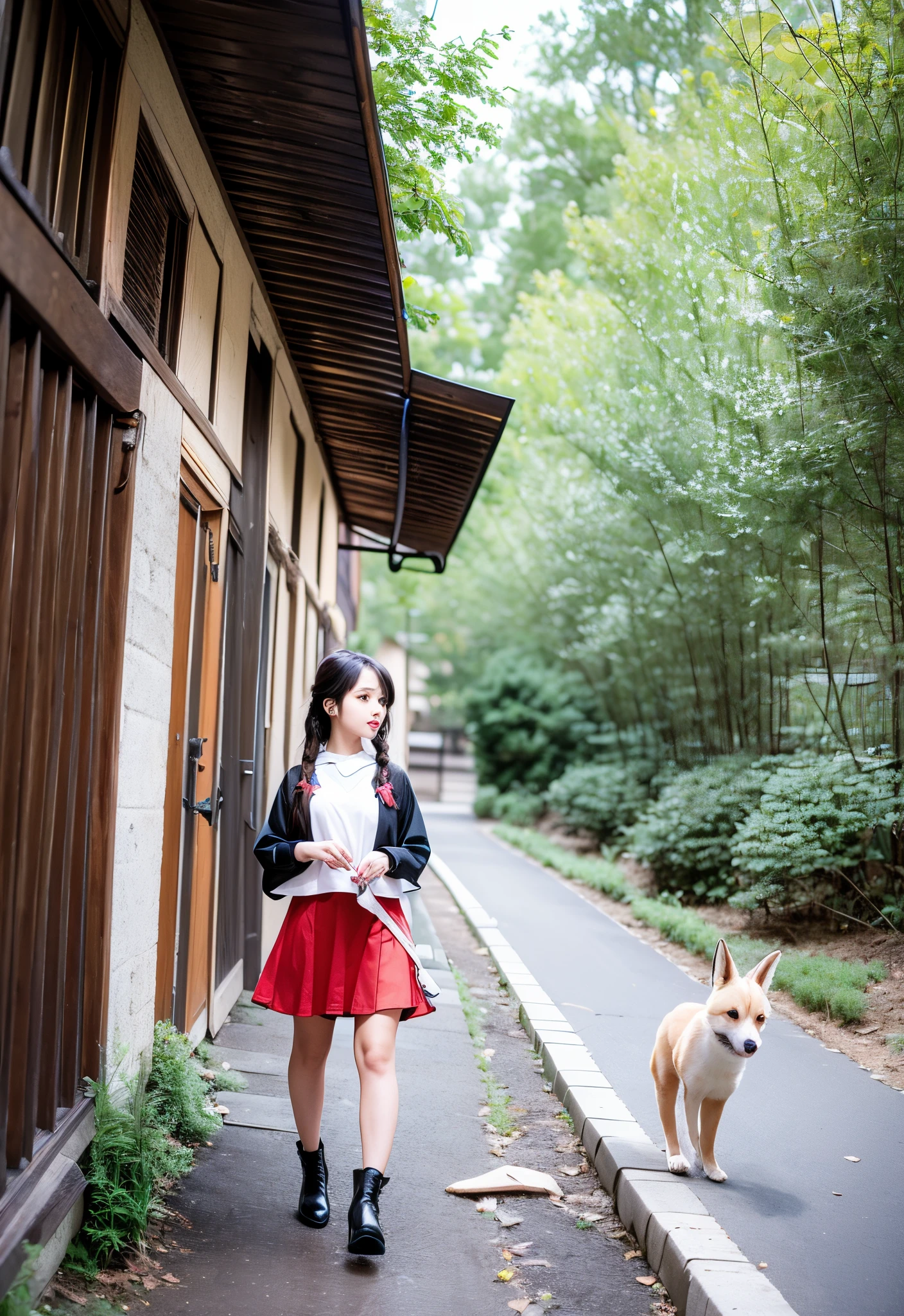 High definition, a 5-year-old Chinese , wearing a skirt and long braids, followed by a little white fox, in the countryside --auto --s2