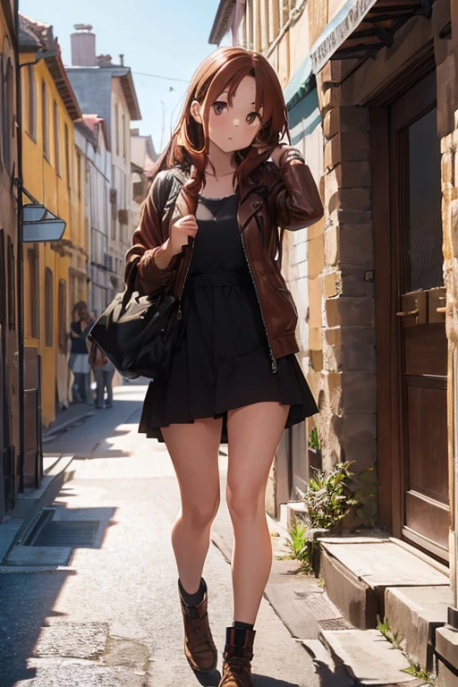 a girl with neutral expression,brown eyes,red hair,wearing a black aviator jacket,holding a white dove in her hands,walking on ancient European streets,with long shadows on the ground, (best quality,highres),(realistic:1.37),ultra-detailed,portraits,brown color tone,warm lighting