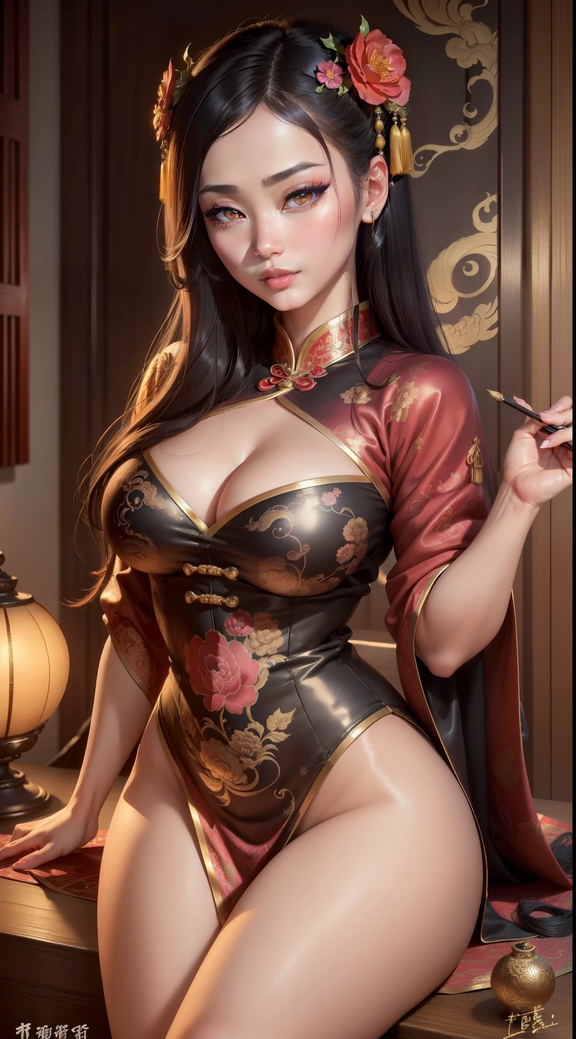(best quality,4k,8k,highres,masterpiece:1.2),ultra-detailed,(realistic,photorealistic,photo-realistic:1.37),asian pinup girl,beautiful detailed eyes,beautiful detailed lips,extremely detailed eyes and face,long eyelashes,2 dragon statues in the background,traditional chinese artwork,eye-catching vibrant colors,delicate brush strokes,subtle lighting effects,portraits