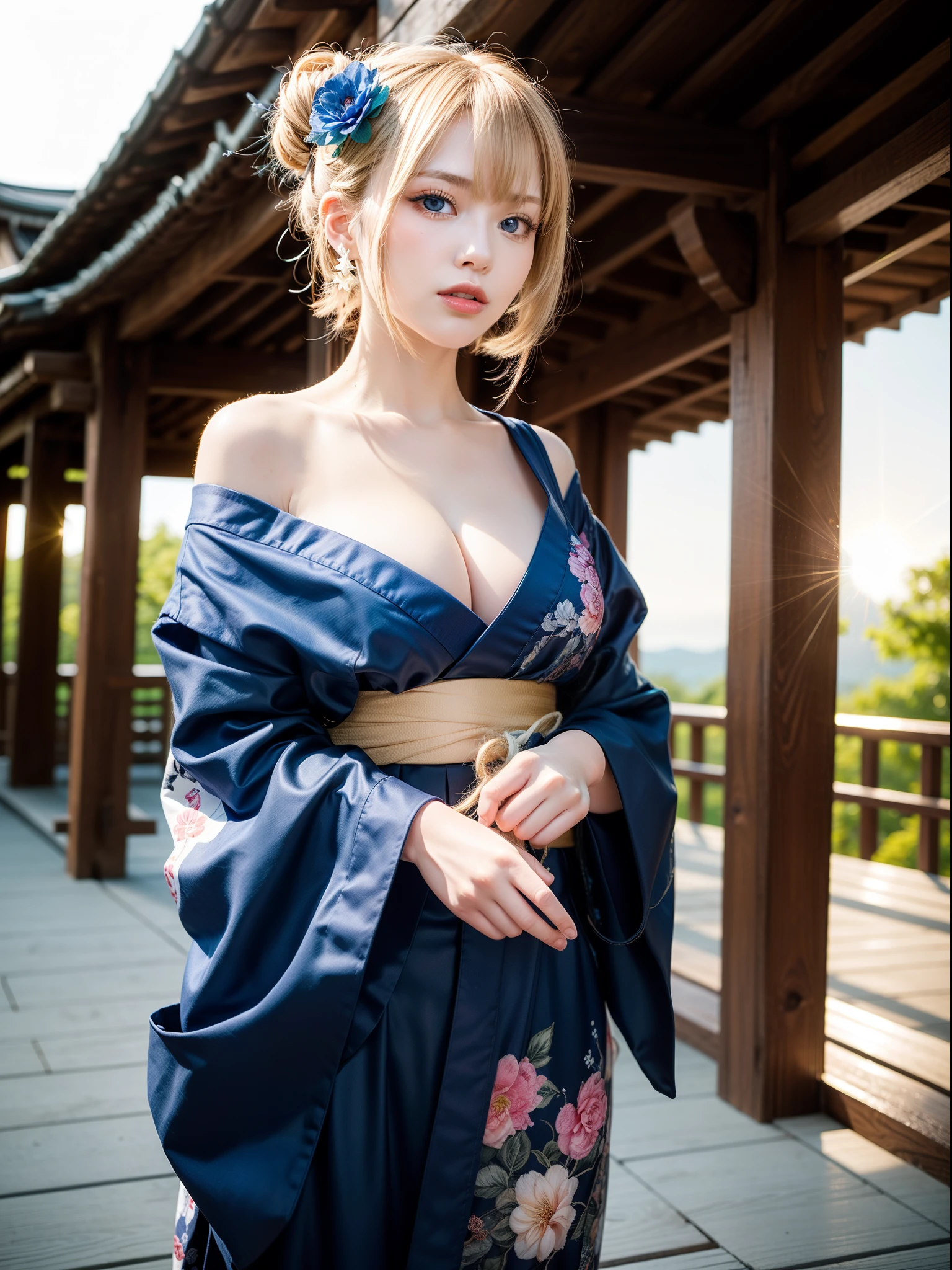 Unbeatable masterpiece, ultra real photo , Perfect artwork , Complicated details , Best quality at best , strong lights , hight contrast , dynamicposes , holland angle , (bblurry, depth of fields, blurryforeground:1.35) ,((tmasterpiece, Best quality at best,)),1 girl, Japanese clothes, komono,hair adornments, Alone, wave, black kimono, of shoulders, eBlue eyes, looking at viewert, short detailed hair, cropped shoulders, By bangs, florals, hairflower, Sash, hairpin, an octopus, coiffed blonde hair, inner strength, 鎖骨, Eau, drunk, cowboys_shooting, full_body ,holding blue flower ,  (starlights,the sunset , lens flare glow:1.25) ,