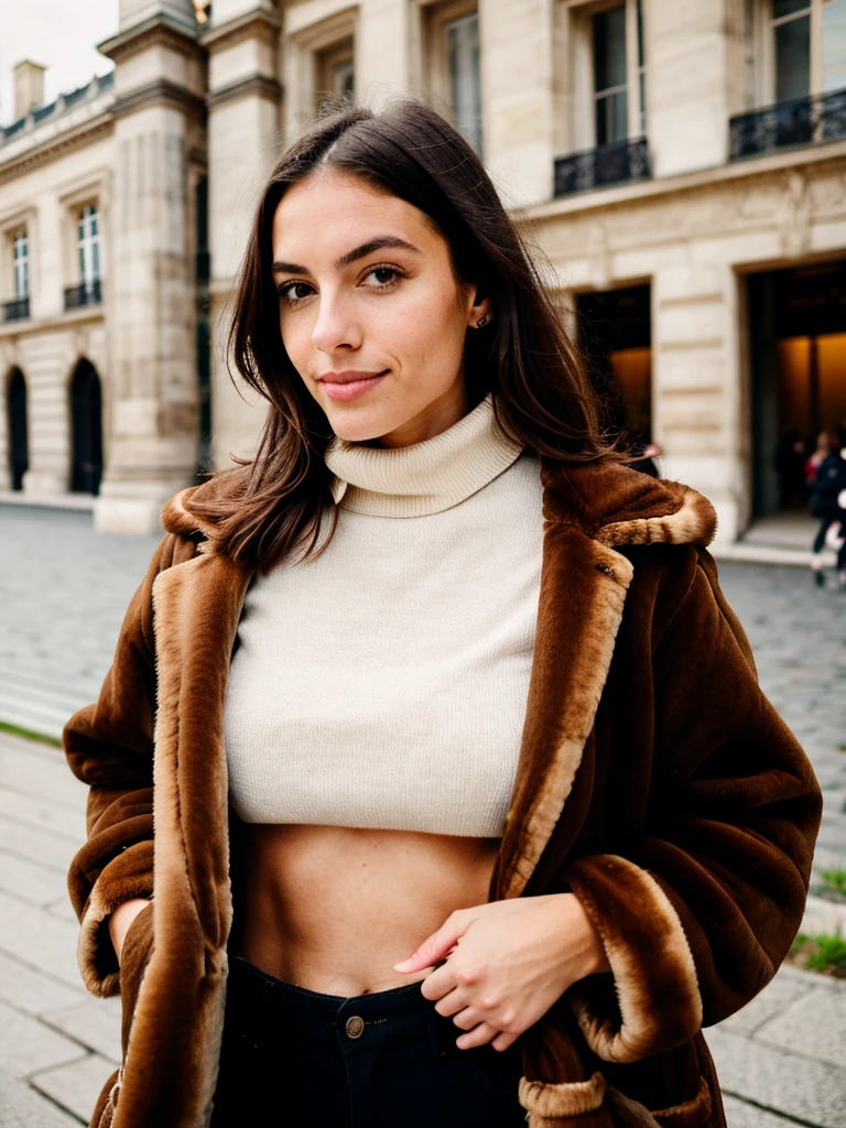 realistic girl, brunette, gorgeous, perfect body, long tan fur jacket, brown turtleneck, street, Paris, Louvre in the back