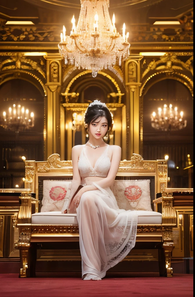 (Best quality, 8k, 32k, Masterpiece, UHD:1.2) "Generate an art scene featuring a Japanese girl model with short black hair in a chic bob hairstyle, wearing only white Lingerie sensually posing and sitting at the opulent palace's throne of Genovia from 'The Princess Diaries' movies. Envision the model amidst the palace's grandeur, surrounded by elaborate paintings, intricate artworks, and royal designs that adorn the ostentatious and ornate halls. Capture the magnificence of the surroundings, emphasizing the lavishness and sophistication of the palace's architecture and decor. Utilize dynamic and cinematic lighting techniques to enhance the scene, illuminating the opulence and elegance of the royal setting while showcasing the model's grace and poise within this majestic environment."