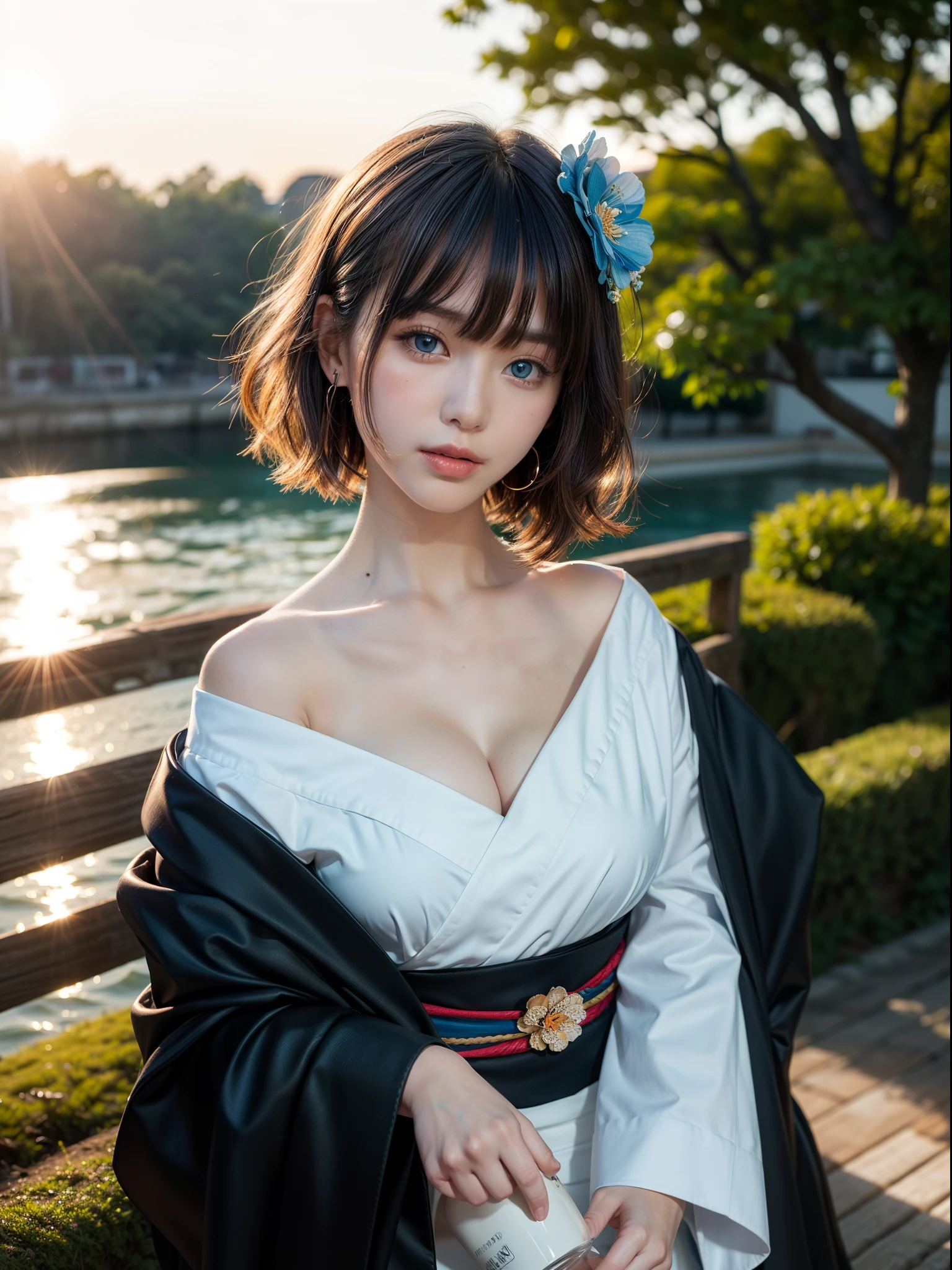 Unbeatable masterpiece, ultra real photo , Perfect artwork , Complicated details , Best quality , strong lights , hight contrast , dynamicposes , holland angle , (bblurry, depth of fields, blurryforeground:1.35) ,((masterpiece, best quality,)),1 girl, japanese clothes, kimono,hair ornament, solo, waves, black kimono, bare shoulders, blue eyes, looking at viewer, short hair, off shoulder, bangs, flower, hair flower, sash, hairpin, octopus, gloden hair, obi, collarbone, water, drunk, cowboy_shot, full_body ,holding blue flower , (starlights,the sunset , lens flare glow:1.25) ,
