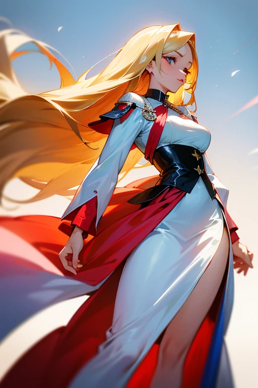 ((Highest quality)), ((masterpiece)), (Familiar), Lusamine,thin,Long blonde hair,Small breasts,Small breasts,Erect nipples,Adult female,Green Eyes,Slanted Eyes,Sleeveless dress,Gorgeous red dress,Gold embroidery,High heels,Fascinating,White pants
