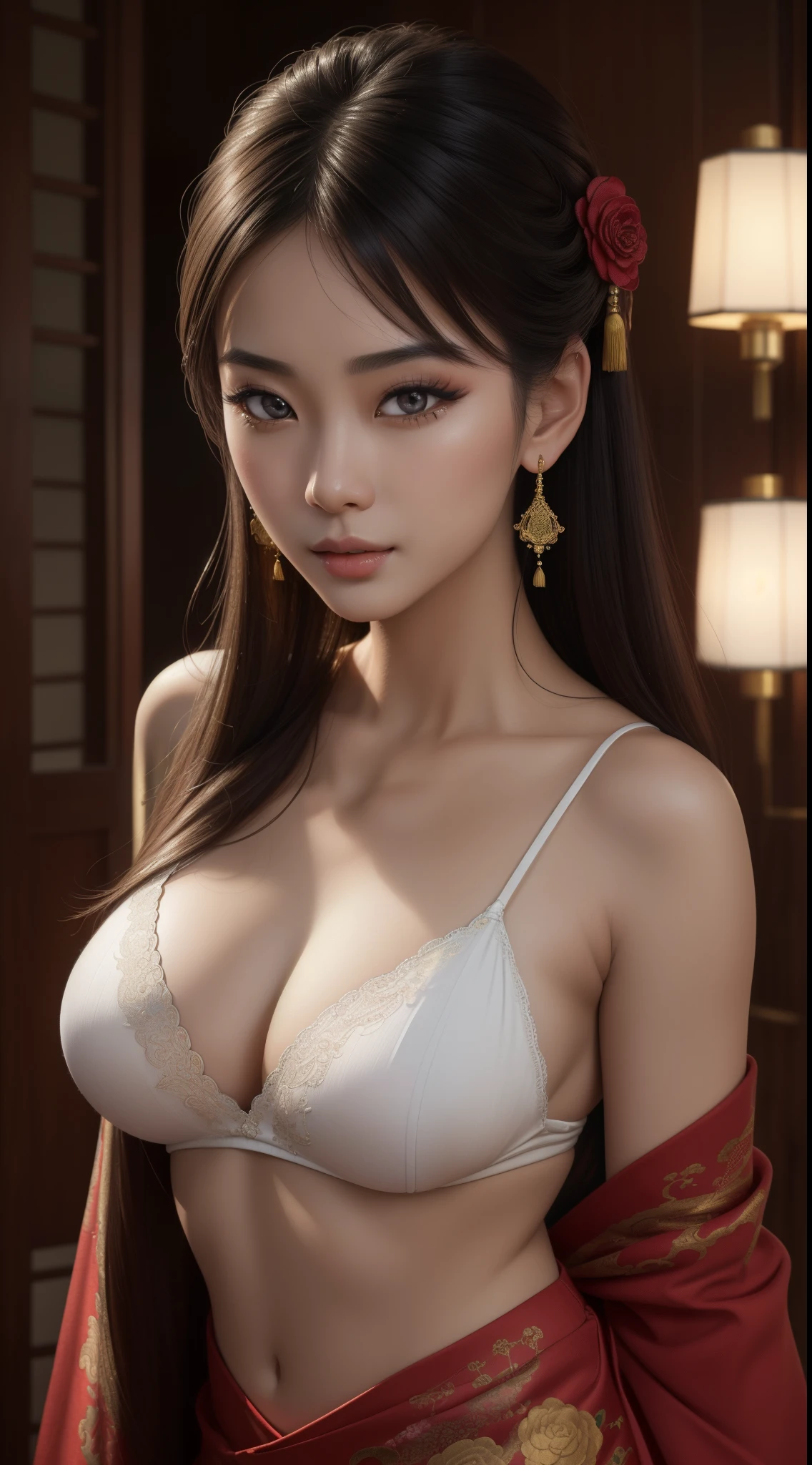 (best quality,4k,8k,highres,masterpiece:1.2),ultra-detailed,(realistic,photorealistic,photo-realistic:1.37),asian pinup girl,beautiful detailed eyes,beautiful detailed lips,extremely detailed eyes and face,long eyelashes,2 dragon statues in the background,traditional chinese artwork,eye-catching vibrant colors,delicate brush strokes,subtle lighting effects,portraits