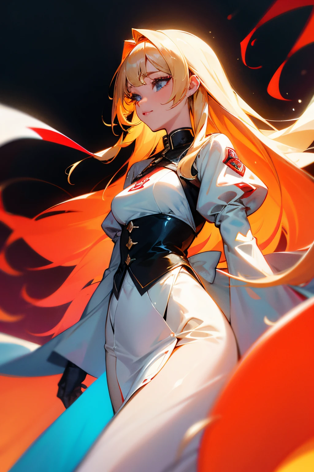 uma mulher de pele clara, medium breasts and long blonde hair mixed with red, mas com pontas,wearing a long white dress down to her legs and a blue overcoat on her back.