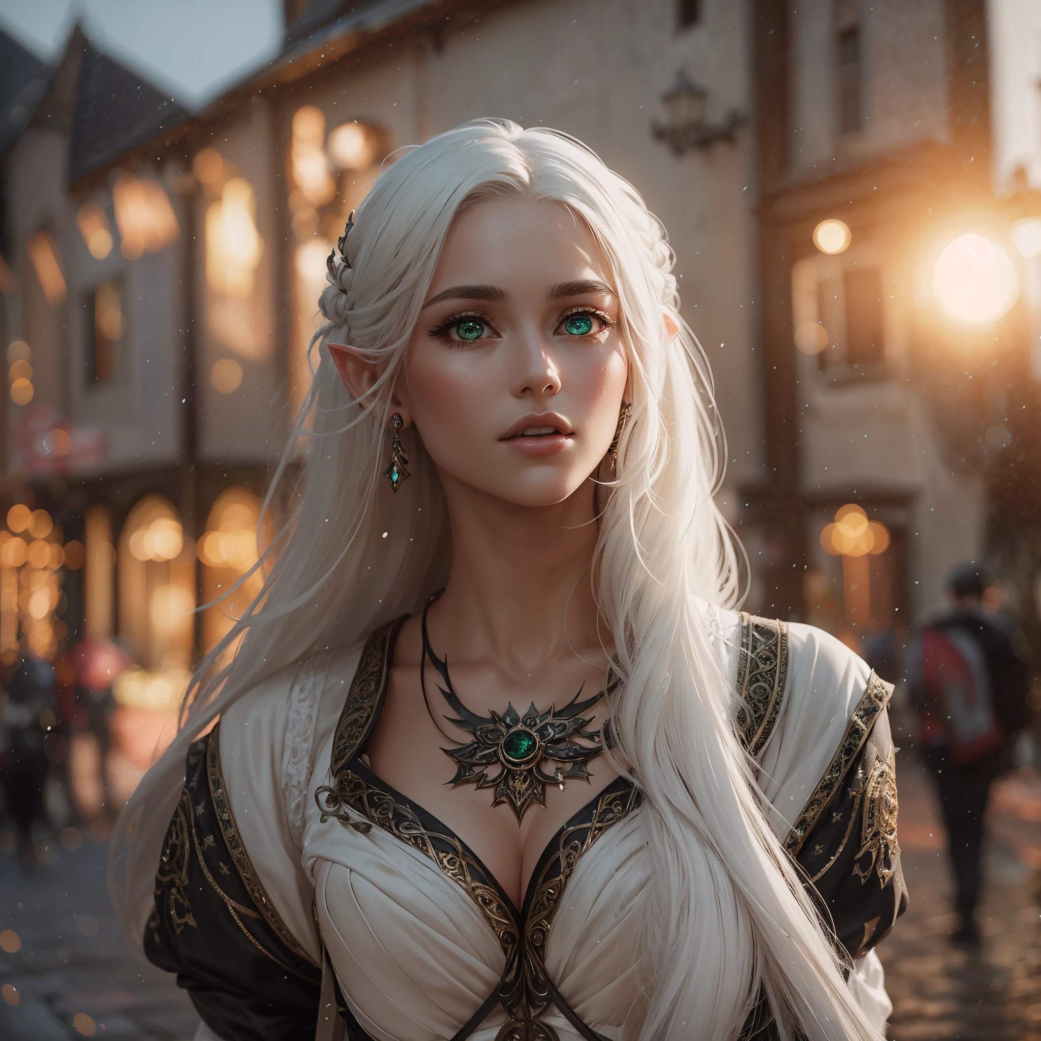 volumetric lighting, best quality, masterpiece masterpiece, hyper detailed, intricate detail, ultra realistic 8k cg, hyperrealistic, high-resolution, extremely detailed CG unity 8k wallpaper, volumetric lighting, photorealistic, cinematic lighting, realism, high detail, Hyperrealism, Verism, soft lighting, anatomically correct, 1woman, portait of beautiful shebelf, (glowing deep green eyes), (((white hair))), ((long flowing hair)), 1 elf, solo, (full body), dynamic pose, beautiful face, perfect female body ,narrow waist, large breasts, ((seductive smirk)), (((medieval clothing))), ((Posing amongst a busy medieval town)), ((sunset, beautiful orange)), ((Black and white clothing)), dark eye shadow around eyes, ((pale skin)), ((closed lips))), ((((sultry expression))))), (((((lustful stare))))), (((Evelynn from League of Legends))), (((Dominant female))), (((disapproving look)))