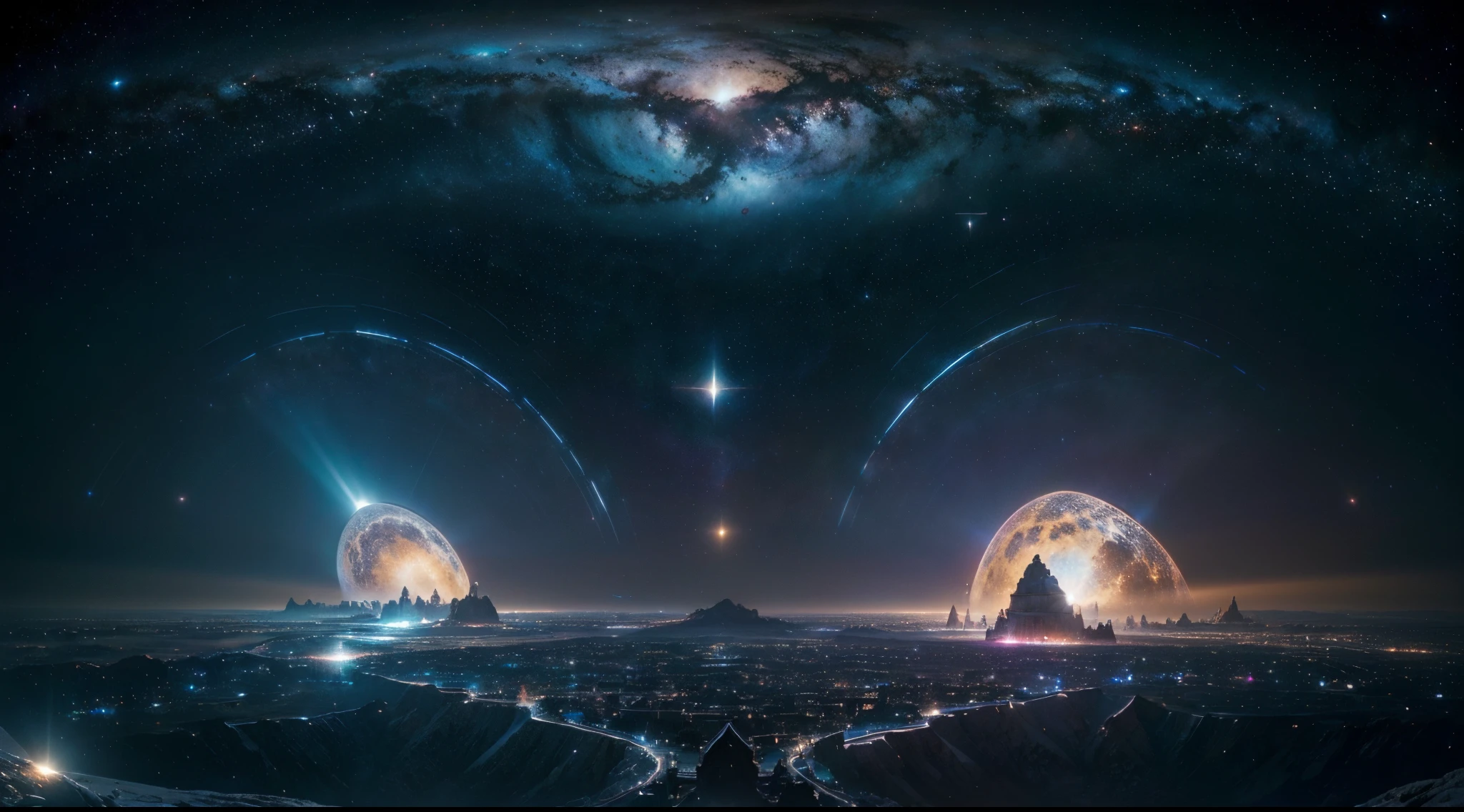 (magnificent space image scene,breathtaking space view,beautiful cosmic landscape,awe-inspiring celestial scenery,mesmerizing galactic panorama),(heavenly body,celestial objects,astronomical wonders,stunning celestial bodies,majestic cosmic entities),(interstellar,space travel,far reaches of the universe,journey through the cosmos,exploring the unknown),(huge star gates,giant celestial portals,vast gateways to the stars,enormous cosmic doorways,massive interstellar passages),((huge starship),(gigantic spacecraft,massive intergalactic vessel,vast starbound vessel,enormous stellar transport),(spaceship,interstellar vehicle,cruising among the stars,flying through the galaxies,traversing cosmic distances)),(shining starry sky,brilliant celestial backdrop,glowing astral canopy,radiant stardust-filled heavens,luminous star-filled expanse),(fisheyelens,wide-angle perspective,a panoramic view,expansive visual angle,immersive fisheye lens),(8K,high-resolution,ultra-detailed imagery,crystal clear visuals,unparalleled image clarity),(super-fine,exquisite detailing,incredible precision,mind-blowing intricacy,unbelievable attention to detail),(high quality,exceptional craftsmanship,top-notch artistry,impeccable workmanship,flawless execution)