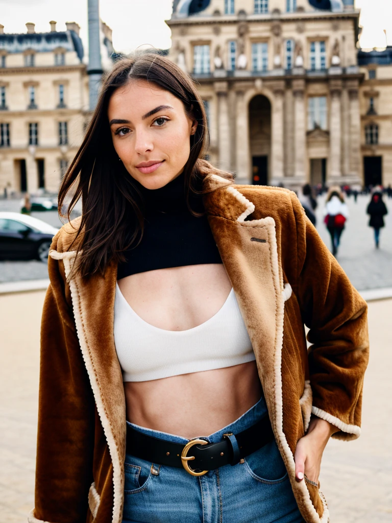realistic girl, brunette, gorgeous, perfect body, long tan fur jacket, brown turtleneck, lv belt, street, Paris, Louvre in the back