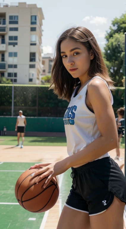 Gere uma imagem realista de uma jovem exploradora digital Ela tem 25 anos, tem olhos castanhos expressivos e cabelos pretos com brilho natural. Its appearance vibrant and authentic, reflecting a mix of curiosity and elegance. Vista-se com uniforme completo de basquete camisas de shorts longos,(she is playing basketball, ela acabou de jogar a bola de basquete na cesta de basquete