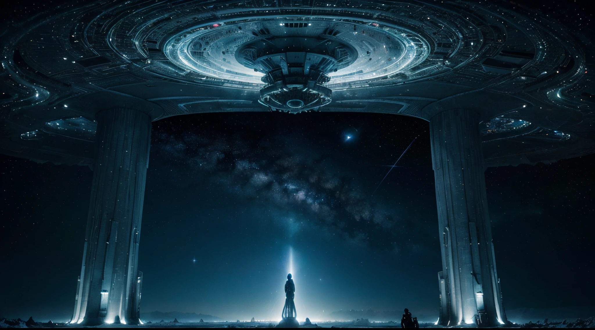 (magnificent space image scene,breathtaking space view,beautiful cosmic landscape,awe-inspiring celestial scenery,mesmerizing galactic panorama),(heavenly body,celestial objects,astronomical wonders,stunning celestial bodies,majestic cosmic entities),(interstellar,space travel,far reaches of the universe,journey through the cosmos,exploring the unknown),(huge star gates,giant celestial portals,vast gateways to the stars,enormous cosmic doorways,massive interstellar passages),((huge starship),(gigantic spacecraft,massive intergalactic vessel,vast starbound vessel,enormous stellar transport),(spaceship,interstellar vehicle,cruising among the stars,flying through the galaxies,traversing cosmic distances)),(shining starry sky,brilliant celestial backdrop,glowing astral canopy,radiant stardust-filled heavens,luminous star-filled expanse),(fisheyelens,wide-angle perspective,a panoramic view,expansive visual angle,immersive fisheye lens),(8K,high-resolution,ultra-detailed imagery,crystal clear visuals,unparalleled image clarity),(super-fine,exquisite detailing,incredible precision,mind-blowing intricacy,unbelievable attention to detail),(high quality,exceptional craftsmanship,top-notch artistry,impeccable workmanship,flawless execution)