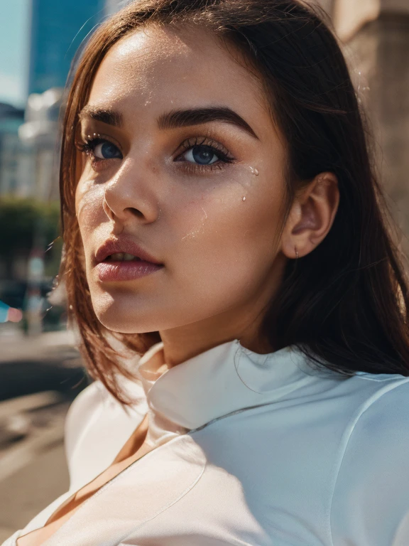32K、very high res, high detailing, highly accurate,Maiden 1), Realistic portraits that look like raw photos,beautiful dark blue eyes,Detailed mouth,Glossy lips,Detailed eyebrows,Soft white skin that shines with every detail,,Eyes drawn in detail、 Very beautiful eyes with azure eyes,Detailed lips、Very beautiful face,Very well-formed face、Lifelike face,shiny beautiful lips,Beautiful eyebrows,Infinite reality,Best design, (Insanely cute latin 25-year-old collage girl,Very cute beautiful athletic body,young women ,Healthy body,Outstanding style:1.5), Best Natural Makeup, ((athletic body)), big breast , ((portrait)), ((detailed face: 1.2)), ((detailed facial featureinely detailed skin), pale skin, highly detailed deep neckline tight leather shorts with white top , megacity environment, (cool colors), damp, damp, reflectionasterpiece) (perfect proportion)(realistic photo)(best quality) (detailed) photographed on a Canon EOS R5, 50mm lens, F/2.8, HDR, (8k) (wallpaper) (cinematic lighting) (dramatic lighting) (sharp focus) (intricate) , face with kiss blowing ,
