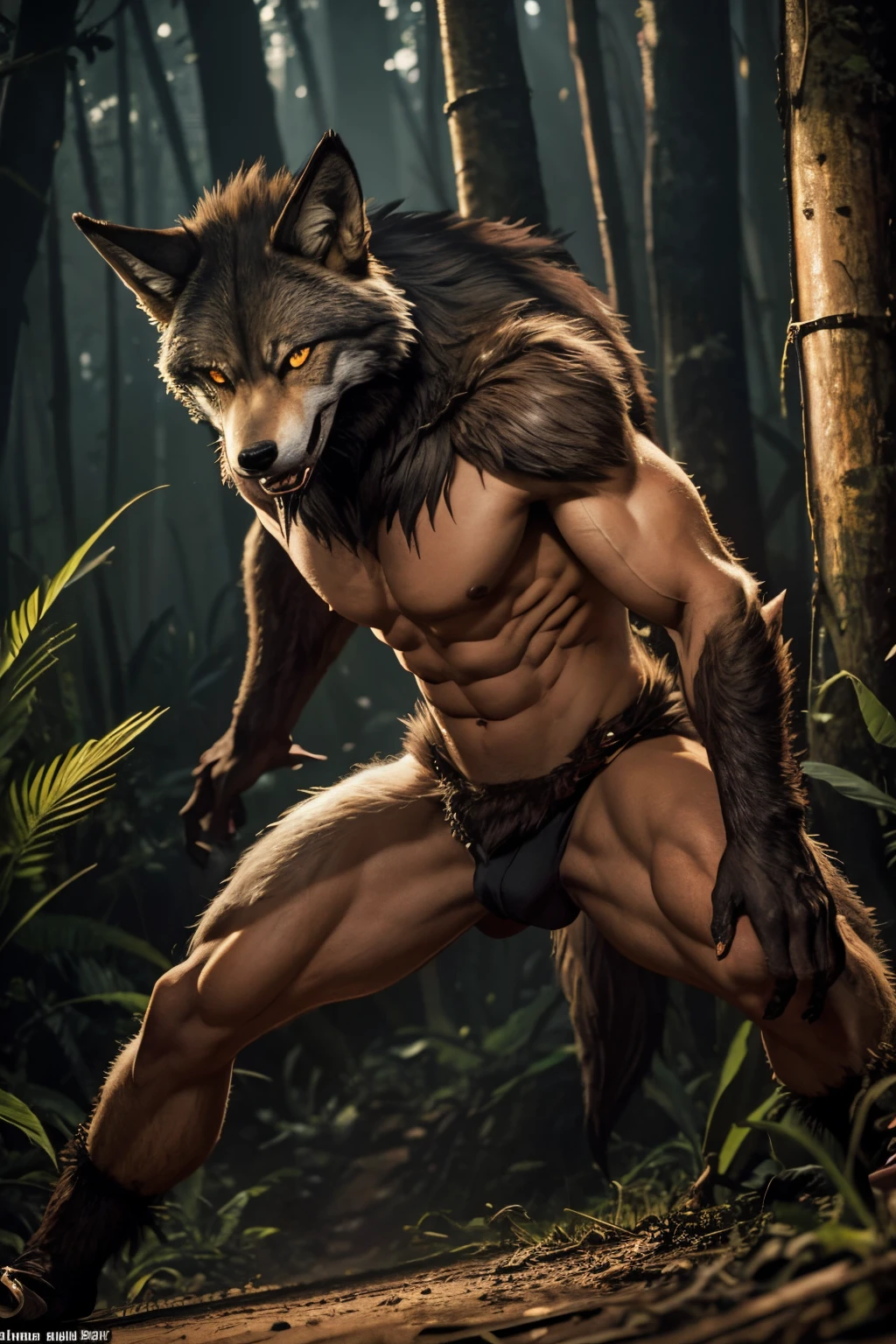 Guara wolf werewolf, monster, twink, The color of his fur is a mixture of orange, black, brown and white details, he is thin, just like a fox, he is hunting in the Amazon forest, and has a face of fury and anger, action pose, gay twink, forest amazon, he is covered in blood, fury, angry, gay twink, action pose, monster, full body