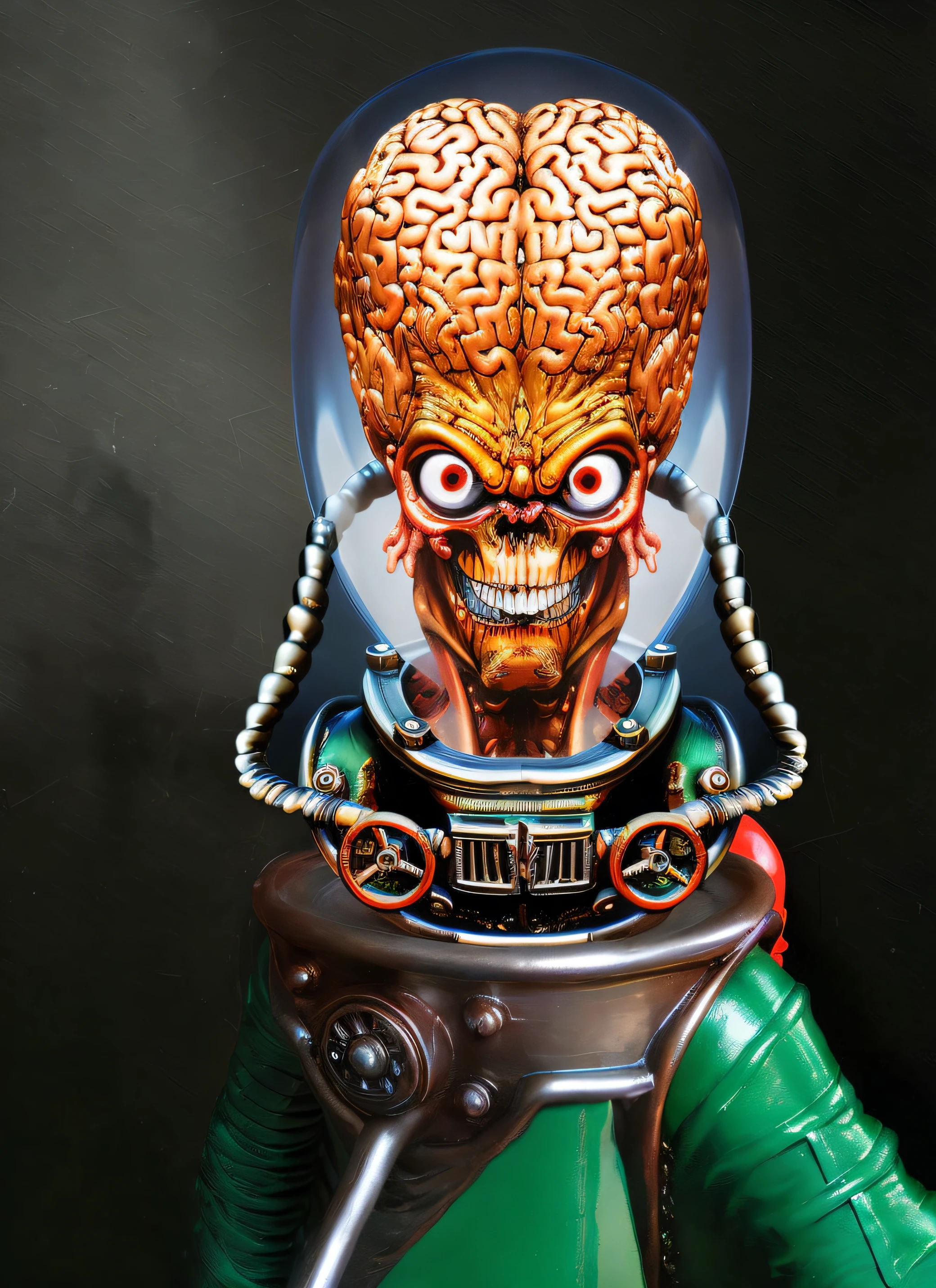 There  a statue of a human head on the motorcycle, Mars Attack, when mars strikes, Inspired by Jim Burns, style of jim burns, Inspired by Kelly Fleiss, alien astronaut, a hyper-detailed alien, by Randy Gallegos, Basil Wolverton, alien helmet, Portrait of a humanoid alien, Inspired by Terry Oakes