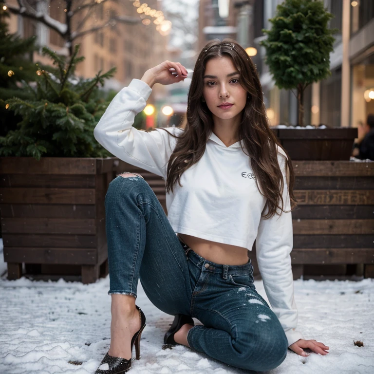 best quality, masterpiece, (realistic: 1.2), 20-year-old Italian woman, fit body, modern style, near Christmas Tree NYC, French braid, detailed face, detailed eyes, green eyes, thin lips, long dark wavy brunette hair detailed, happy expression, detailed skin, (look at the viewer, dramatic, vibrant, sharp focus, 50mm, F1.2, EOS-1D X Mark IIelfie) wearing torn black jeans, heels, crop hoodie, snowfall