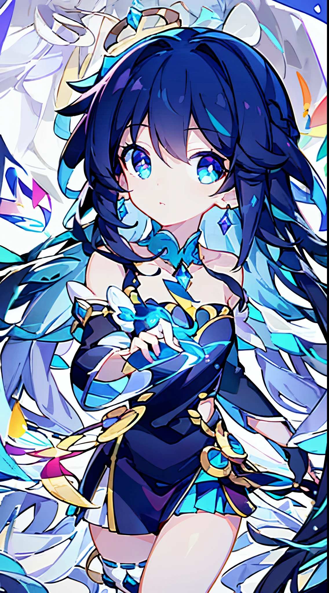 (Best Quality,8K,hight resolution:1.2), Brightly colored hair waving in the wind, Captivating rainbow-colored eyes like a kaleidoscope, Cute and innocent face with rosy cheeks, the fantastical existence of an angel, A moonlit night that emits a soft light, sacred figures and mythical beings, Mini skirt fluttering in the wind, tops that show shoulders, Elegant uniforms, dramatic long oxtail hair, delicate and sophisticated curves, Highly detailed and realistic representation, highest level of craftsmanship, Reproduce breathtaking details in 8K resolution, Vibrant colors that pop out, The perfect combination of realism and fantasy, A mesmerizing masterpiece that captures every intricate detail.