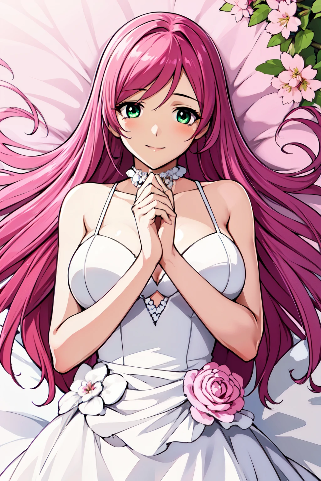 1 girl, Long light pink hair, green eyes with slit pupils,  master-piece, best quality,  proportional body, proportional, Wedding Dresses, White Wedding Dress, Long skirt, wedding, Under the cherry blossom tree background, Cherry blossom petals are falling, lying down, outdoor, wedding, Upper body, The sky is beautiful, Both hands hold a bouquet of flowers,  (light_Smile:1.5),