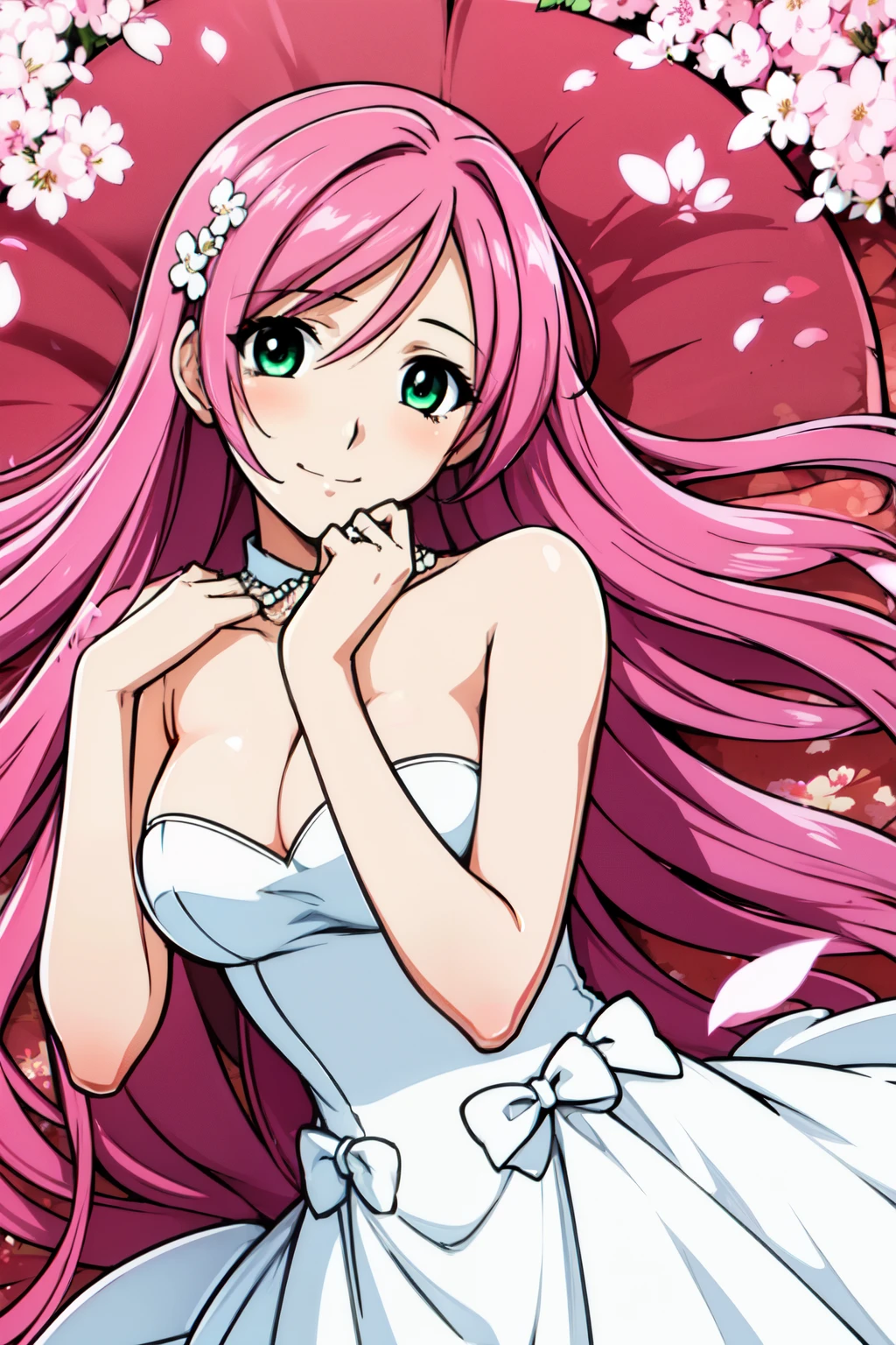 1 girl, Long light pink hair, green eyes with slit pupils,  master-piece, best quality,  proportional body, proportional, Wedding Dresses, White Wedding Dress, Long skirt, wedding, Under the cherry blossom tree background, Cherry blossom petals are falling, lying down, outdoor, wedding, Upper body, The sky is beautiful, Both hands hold a bouquet of flowers,  (light_Smile:1.5),