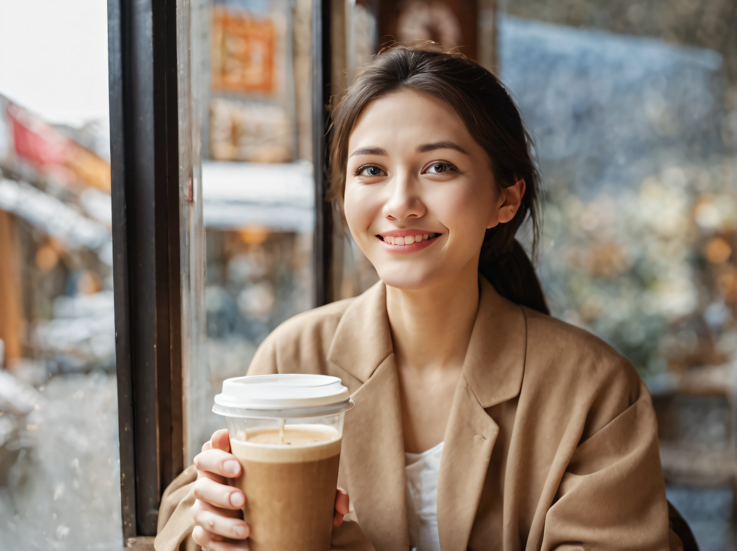 1girl, a woman sitting by the window of a coffee shop drinking coffee, little smile, happy, a picture of the inside outside the window, (shot on out of the window:1.5), (face that visible through the glass:1.5), wide angle