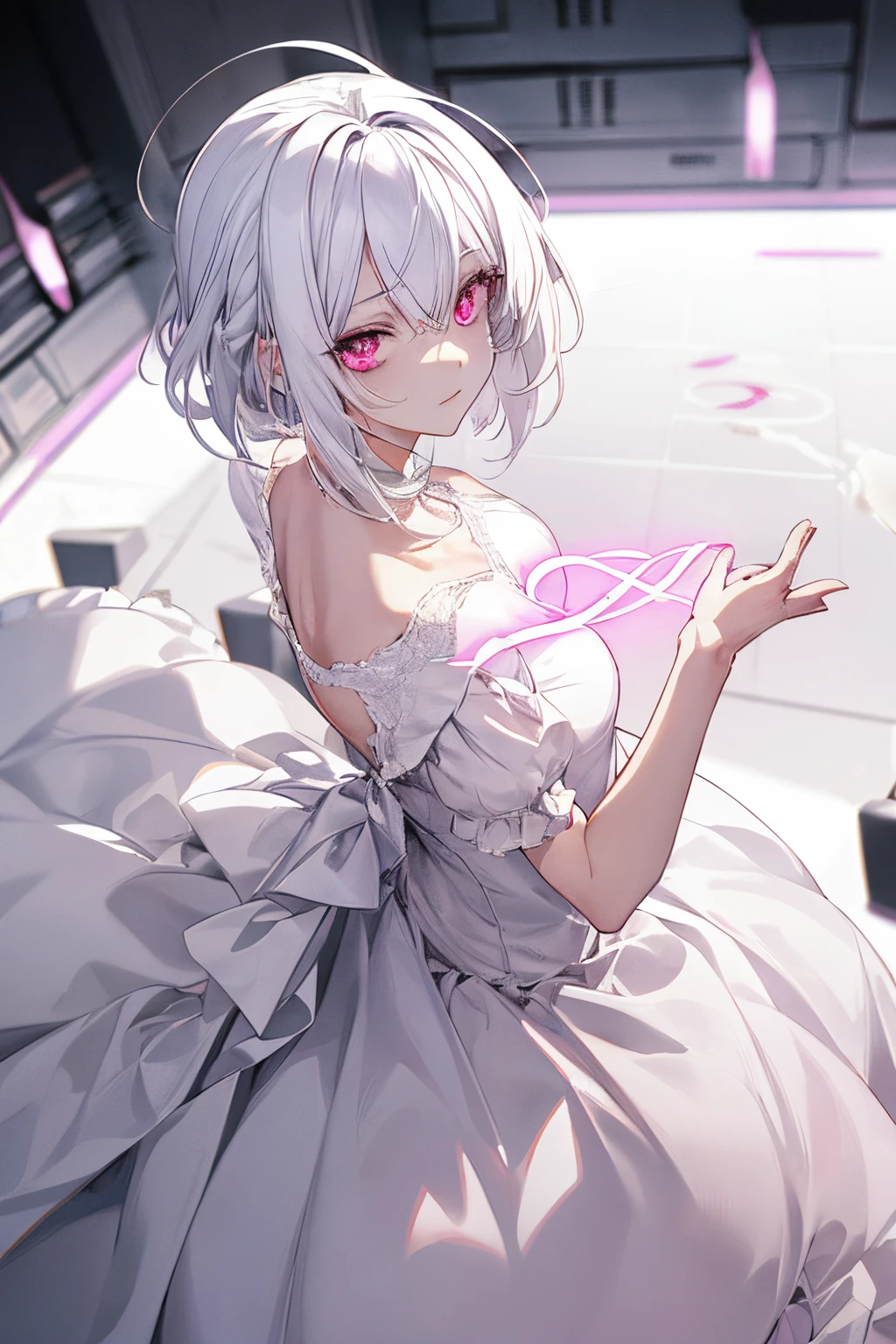 White hair, pink eyes, 1girl, white dress, ephemeral appearance, playing a game