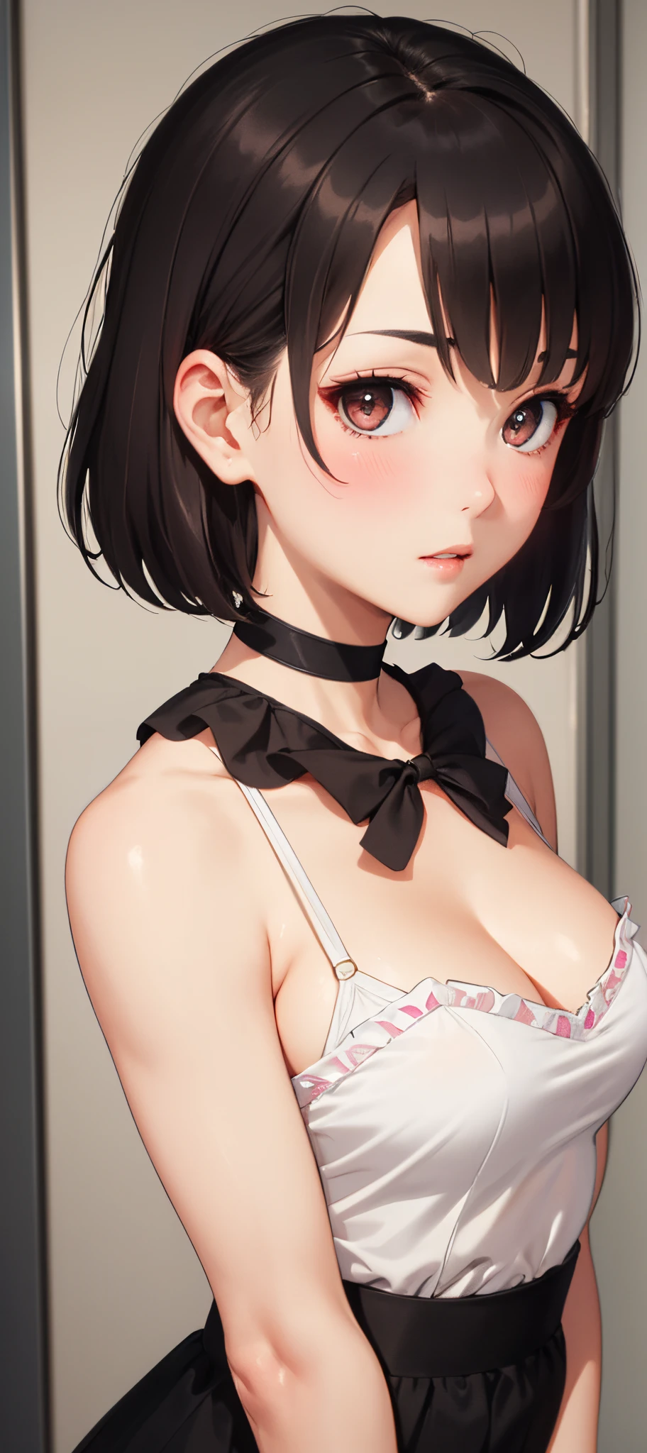 masterpiece, best quality, 1girl, black hair, very short hair, pixie cut, tan, medium breasts, messy hair, night, looking at viewer, blush, choker,