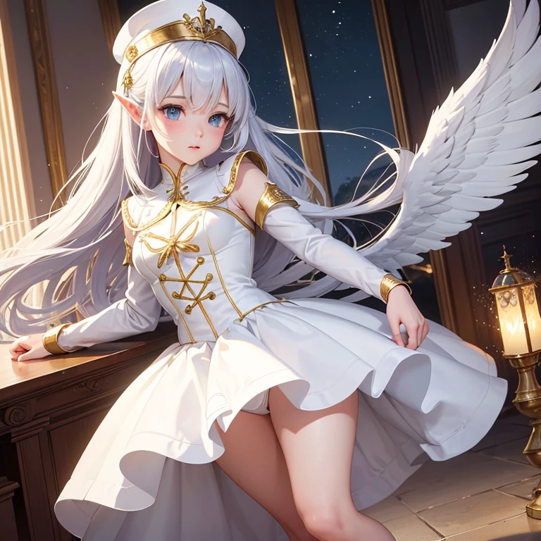 A pure white high-top flat hat with gold lace stripes appeared on her head,A pure white military uniform also appeared on her body with light particles.。
Girl wearing medieval Western European style military uniform,Military uniforms that use ancient aristocratic costumes as design elements,It also adopts the classic gold-trimmed design style - whether it the small V-neck on the chest,Or the cuffs that fit tightly on the arms?。These seemingly insignificant detailut while adding a sense of dignity to the clothes,,It also makes the girl wearing this body more artistic.。
The girl dressed in silver wears white leather boots,Wearing a white cloak decorated with lace and gold trim,She like an elf walking out of a painting,Just like a doll of a god,Everything about her,They are all extraordinary and beautifulpared with the fantasy world she in,Girls are like angels in hell,Pur「angelicales」The mission to purify this area filled with filth.。