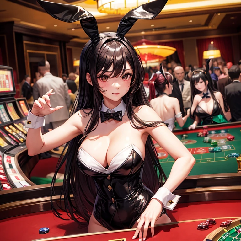 casino,Roulette table,bunnygirl,dealer,black and long hair