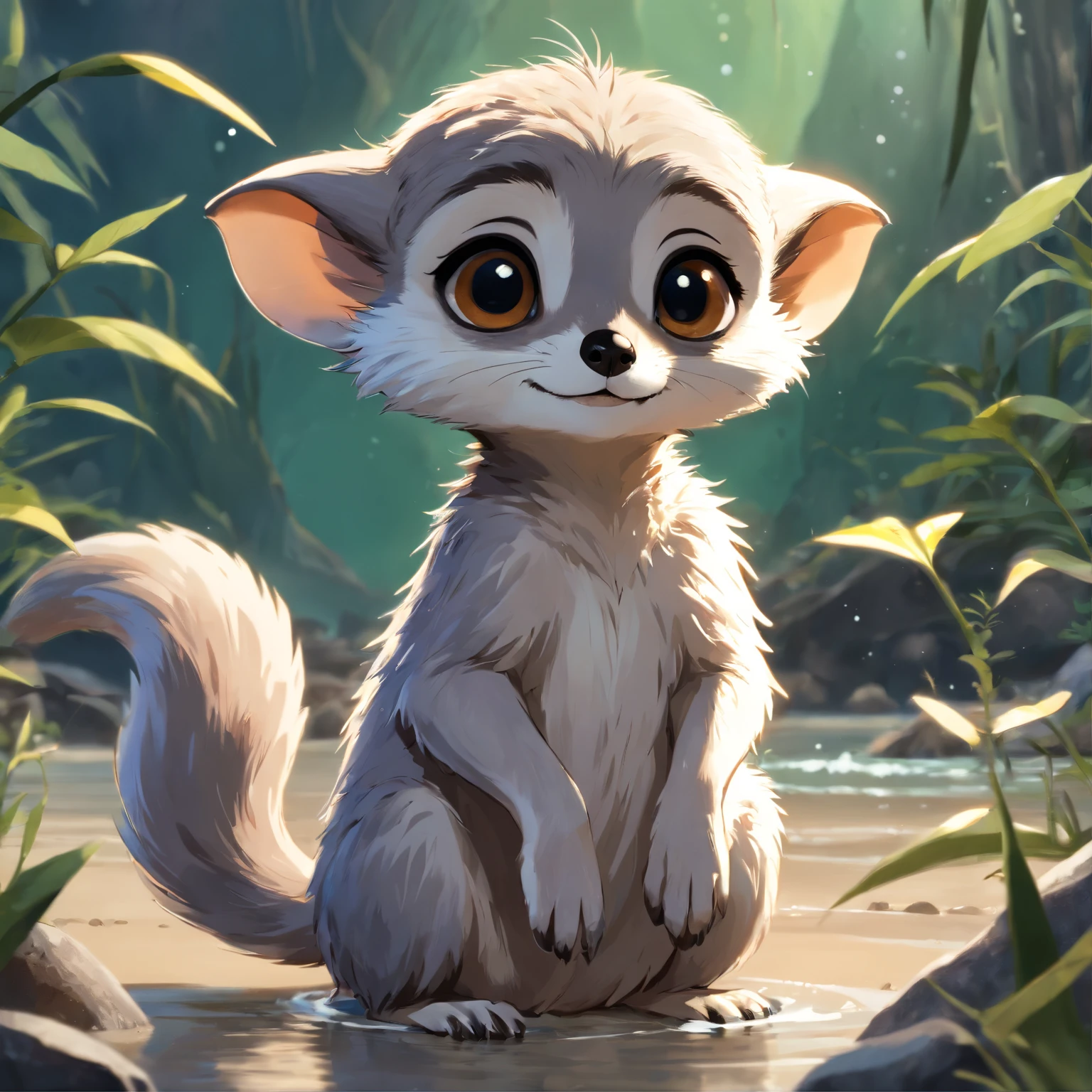 (CBZBB:1.25), ((gremlin),Zhkute, Small, baby, Beautiful, Fantasy art, deviant art, trending artstation, Digital Art, Detailed, Realistic, humanoid, character, tiny, Cinematic shot, cinematic portrait of a meerkat ,gremlin, meerkat-like, The vibrant, silver and brown,  tail, large semicircular pointed ears, covered with silvery fur, water, stands on the shore, Best Quality, Masterpiece, in style of dark fantasy art, gremlin, meerkat-like,  Best Quality, Masterpiece, in style of dark fantasy art, fantasy-inspired, in the style of John Tolkien,