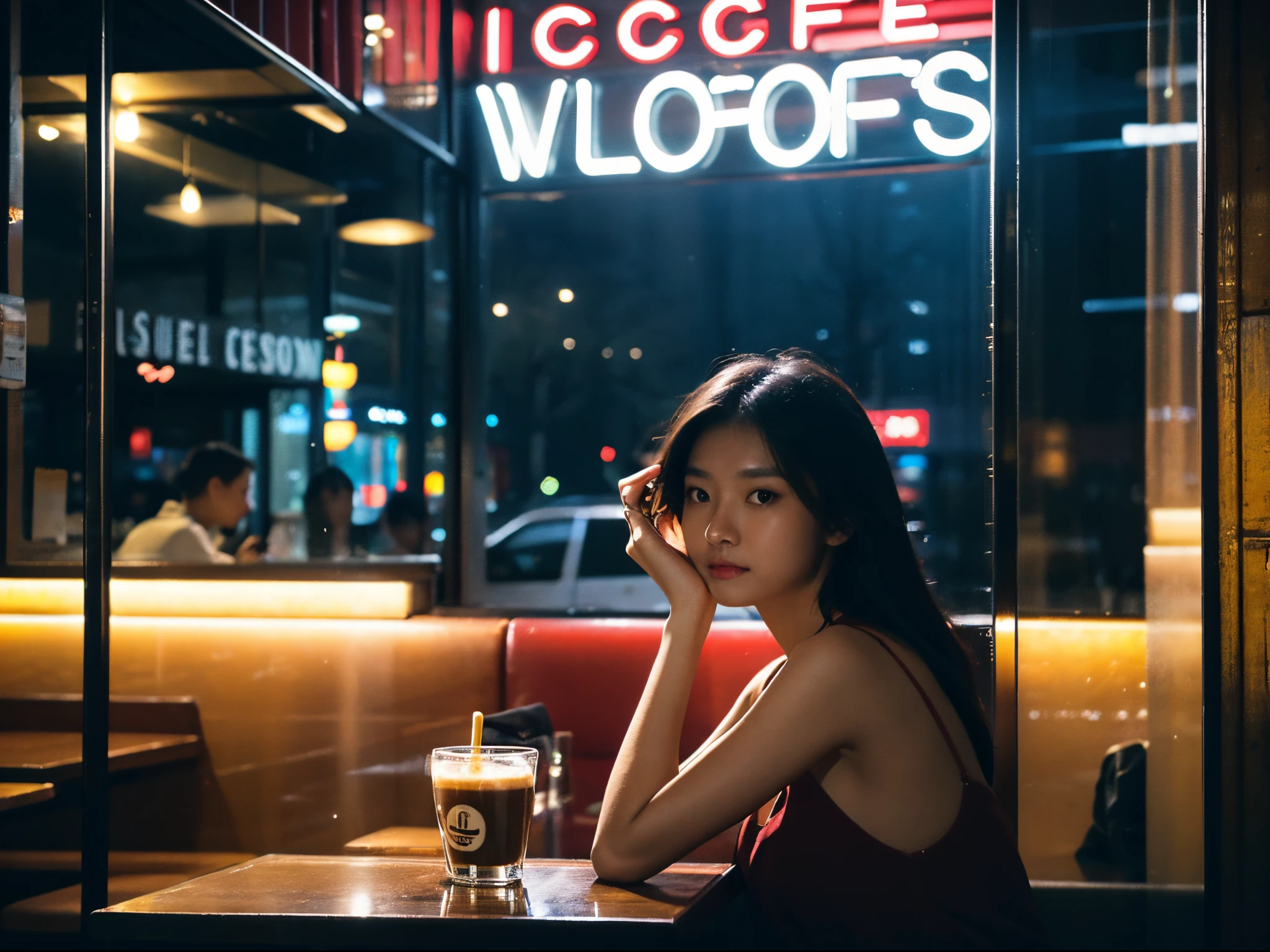 1girl, there a woman sitting by the window of a coffee shop and drinking coffee. night, hong kong, neon sign, (happy), the photographer walking down the street looked beautiful and took pictures of her outside the window, snap shot, street photography, (face that visible through the glass:1.3), dark, low light, low key, wide angle