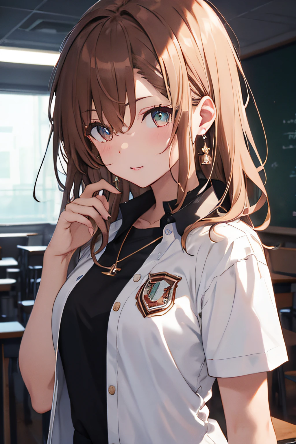 Anime girl with brown hair and blue eyes in a classroom - SeaArt AI