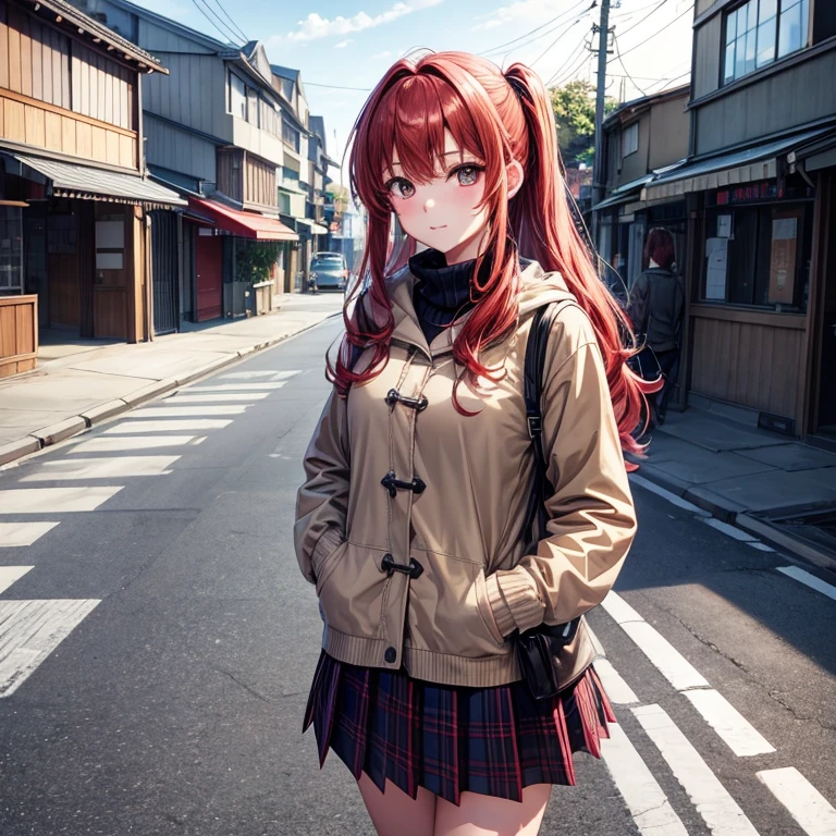 top-quality, hight resolution, 8K images,best qualtiy,hight resolution、A woman who is cute no matter who sees her、Tsundere、Highly detailed CG Unity 8K wallpapers,1girl in, 独奏, Red hair, Anime Shoujo Solo、 Absolute area、Looking at the camera、(Illustration ratio:1.1)、Streets of Tokyo、during daytime、White turtleneck knit、 Brown long skirt、tartan fleece coat、Sticking your hands in your pockets、hight resolution、foco nítido