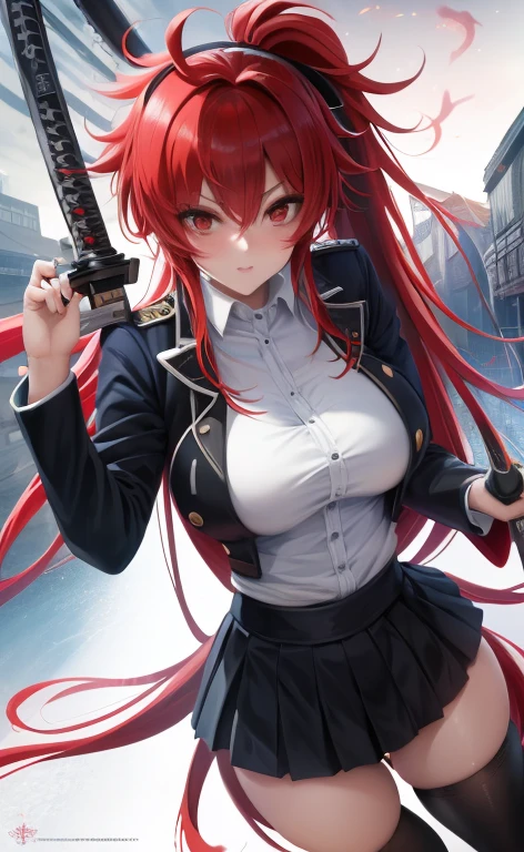 white and black uniform, School uniform, huge breast, red eyes, red hair, ponytail, messy hair, naughty, delinquent, light blush, perspective, holding a katana, super detail, high quality, 8k, best quality, textured skin, retina