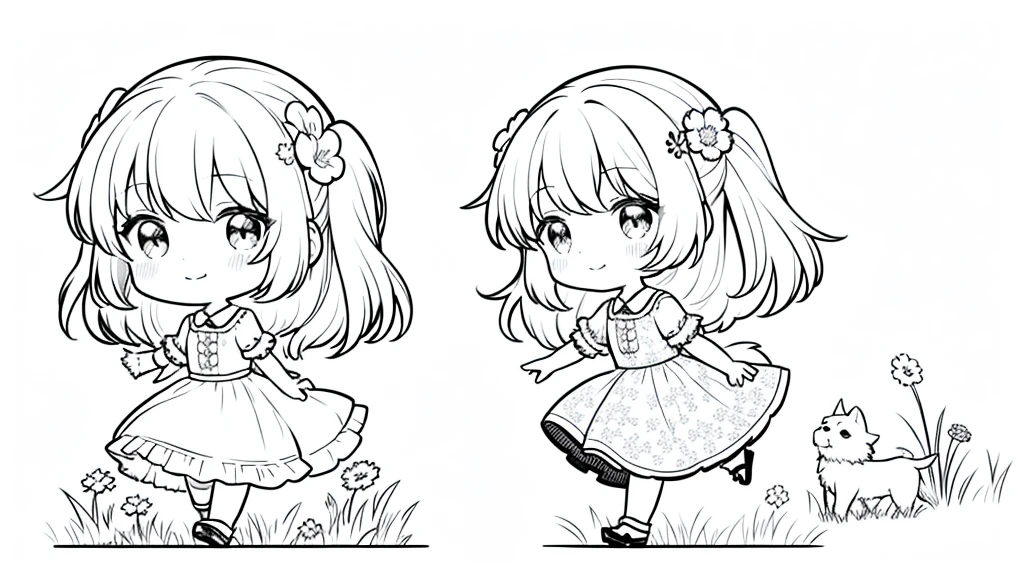 masterpiece、Dog walking、Cute girl with dog1a person、Cute clothes、A smile、Chibi Chara、full body Esbian、the pose、monochromes、line-drawing、White background、Flowers, Grass and trees