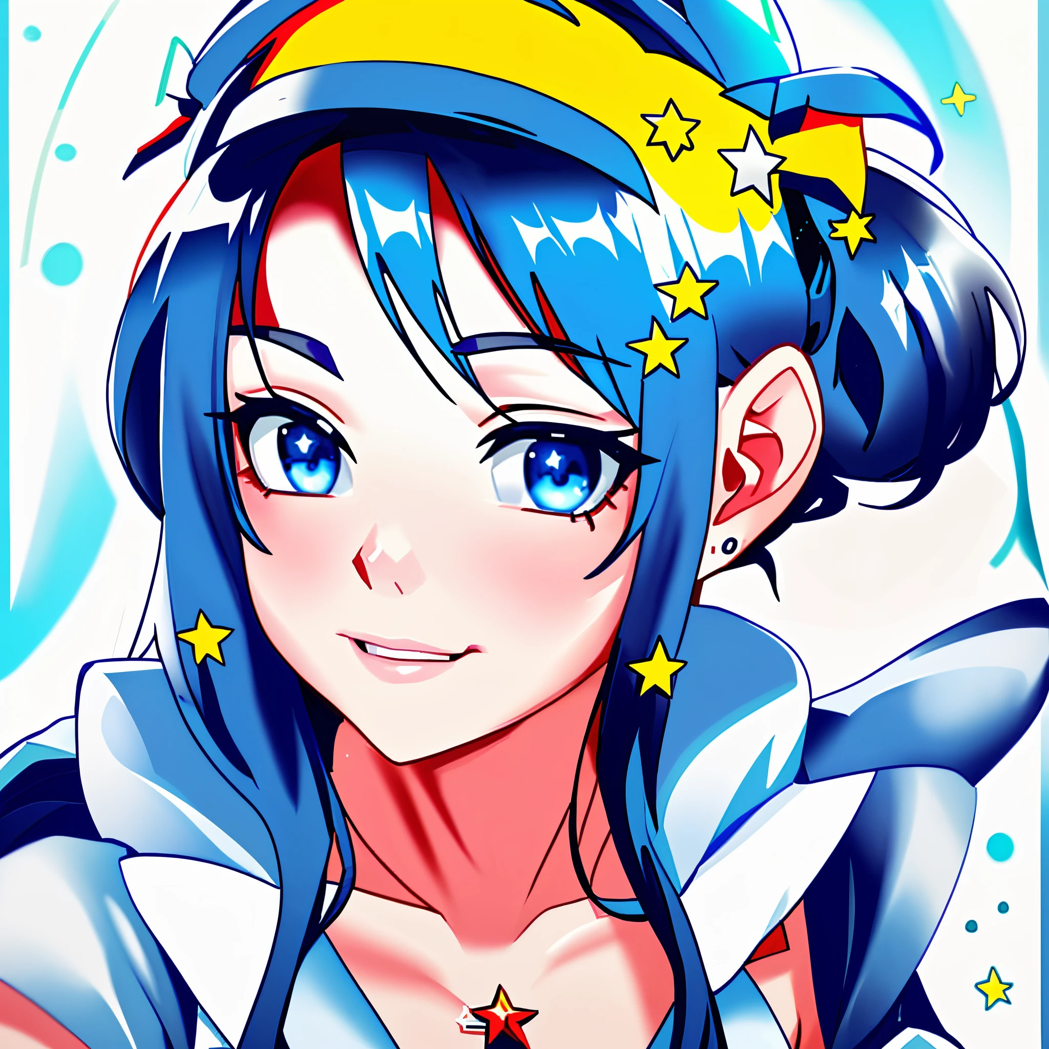 a close up of a woman with a headband with stars on it, with stars, with kind face, wearing angel halo, with accurate face, blurry image, tumblr, face picture, asian face, wearing angel halo covered face, with round face, potrait, face  brightly lit, background  heavenly, profile image, non blurry, stars in her eyes