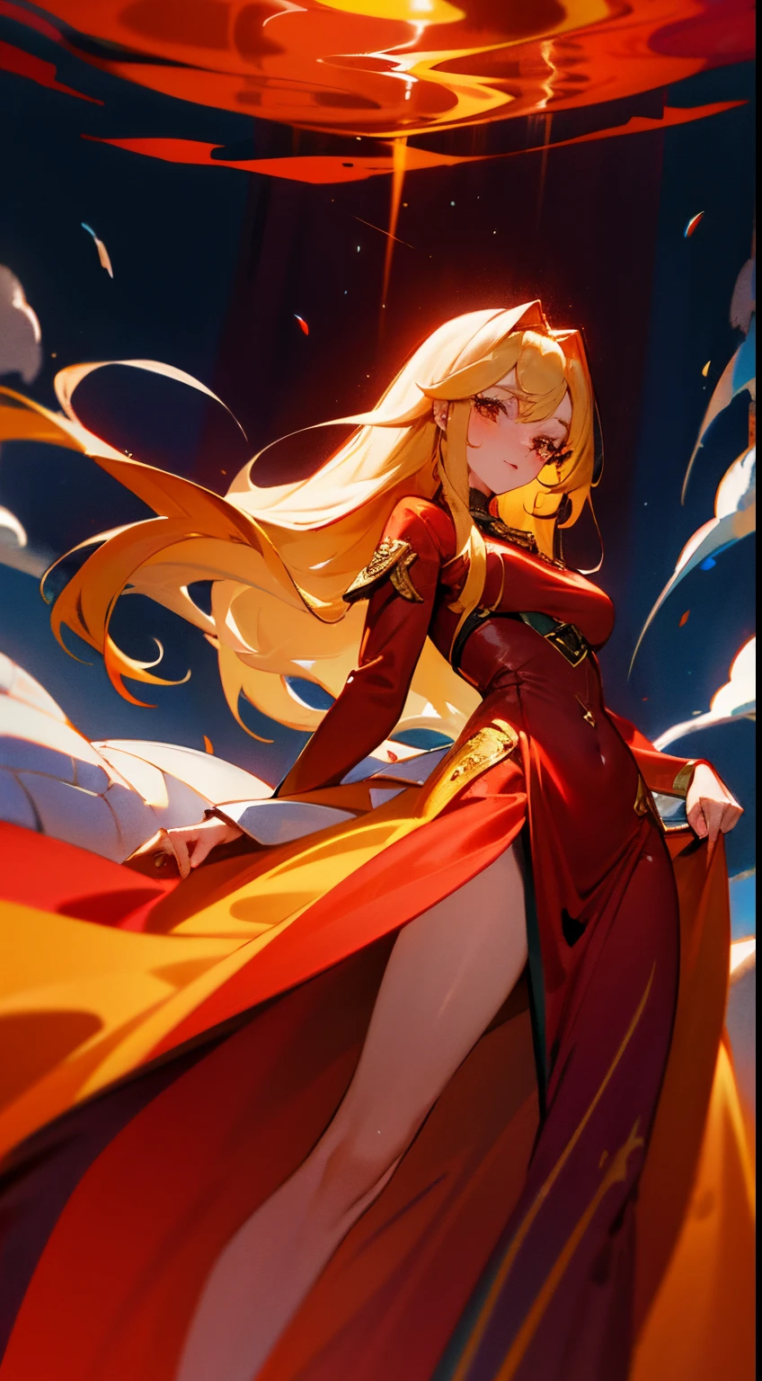 uma mulher de pele clara, medium breasts and long blonde hair mixed with red, mas com pontas,wearing a long reddish dress with some dragon stripes down the legs and a blue overcoat