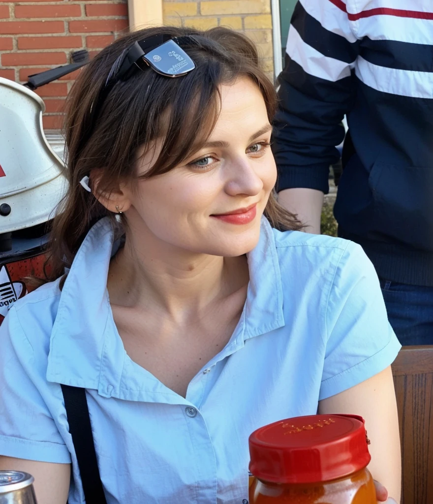 50 year old pretty Polish woman with black shoulder-length hair sitting at a table with a bottle of ketchup and a red cup, recorded in the late 2010s, taken in the early 2020s, véronique meignaud, Ewa Juszkiewicz, Linn Olofsdotter, Sandra Chevier, Blick nach links, Marthe Jonkers, Schnappschuss